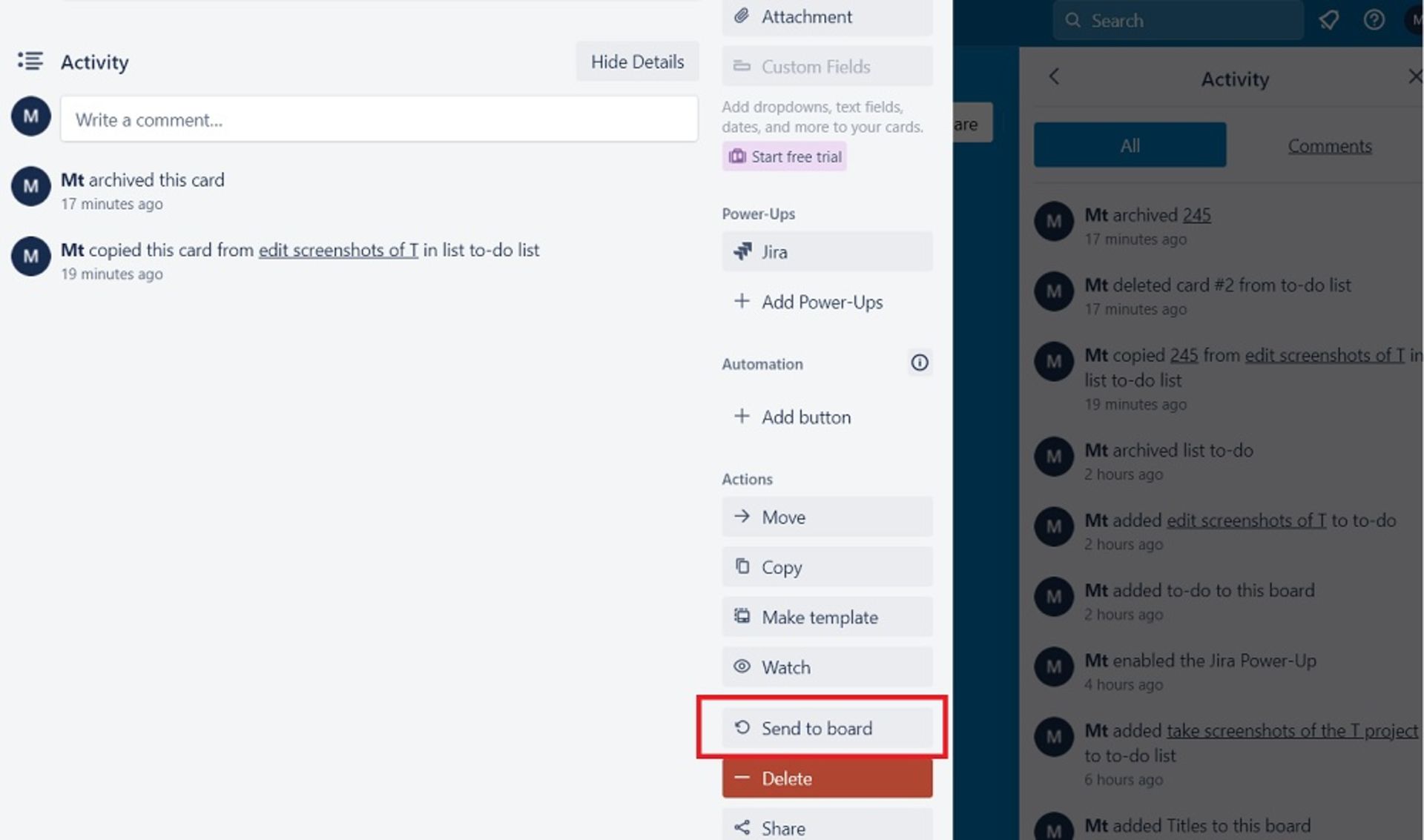 بازگرداندن کارت آرشیوشده از منو بورد ترلو