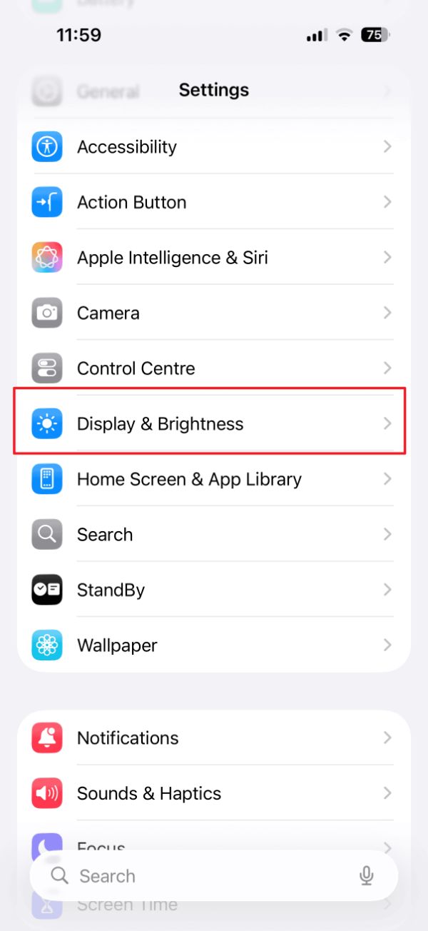 تنظیمات آیفون در حالت روشن با گزینه‌ی Display & Brightness هایلایت شده
