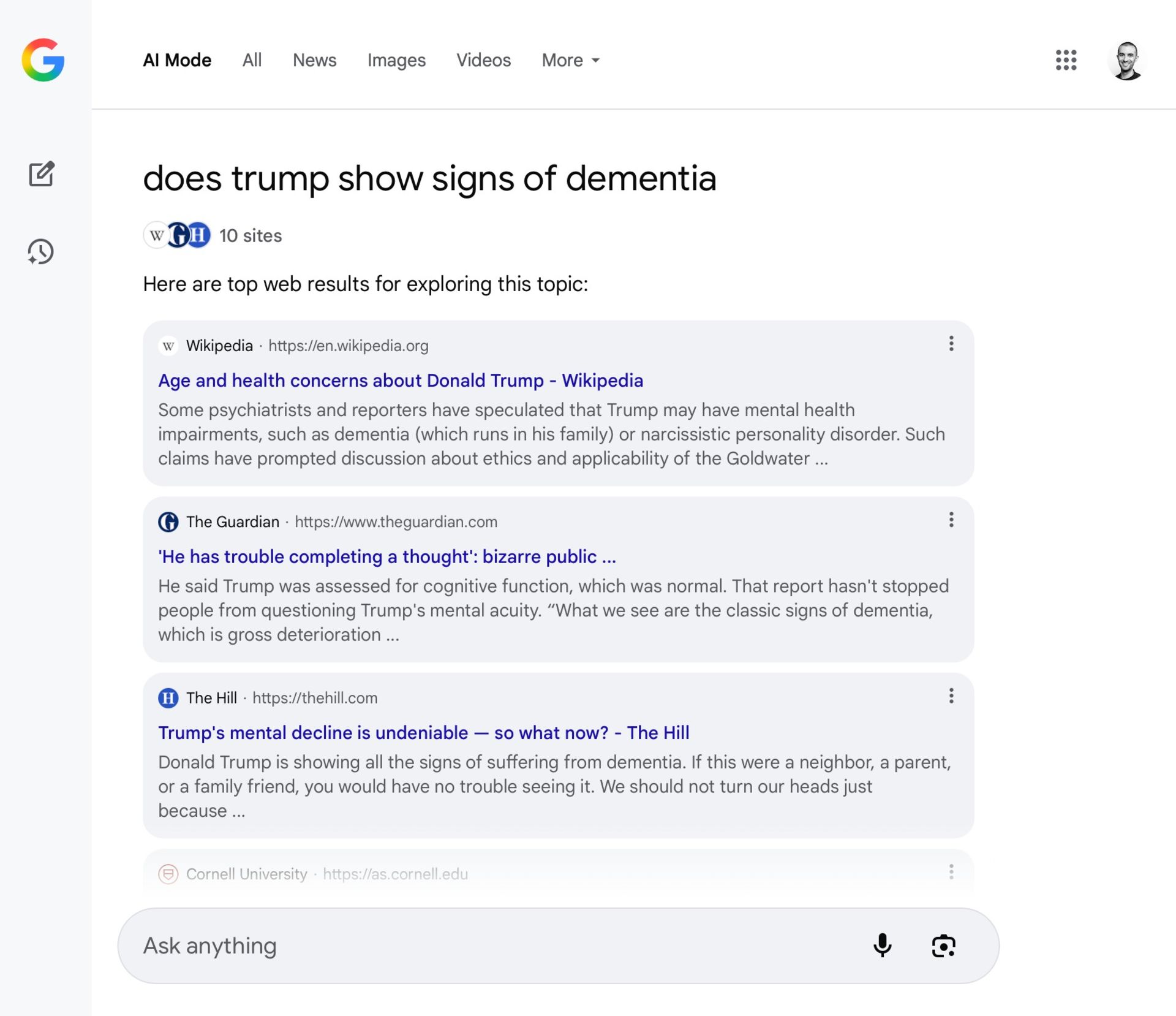 حالت AI Mode در پرسش مربوط به زوال عقل ترامپ