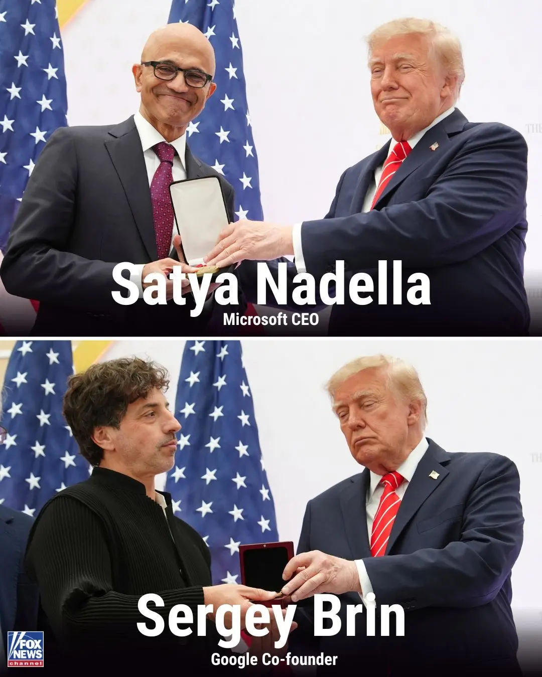 دونالد ترامپ (Donald Trump) در حال اهدای مدال به ساتیا نادلا (Satya Nadella) و سرگی برین (Sergey Brin)