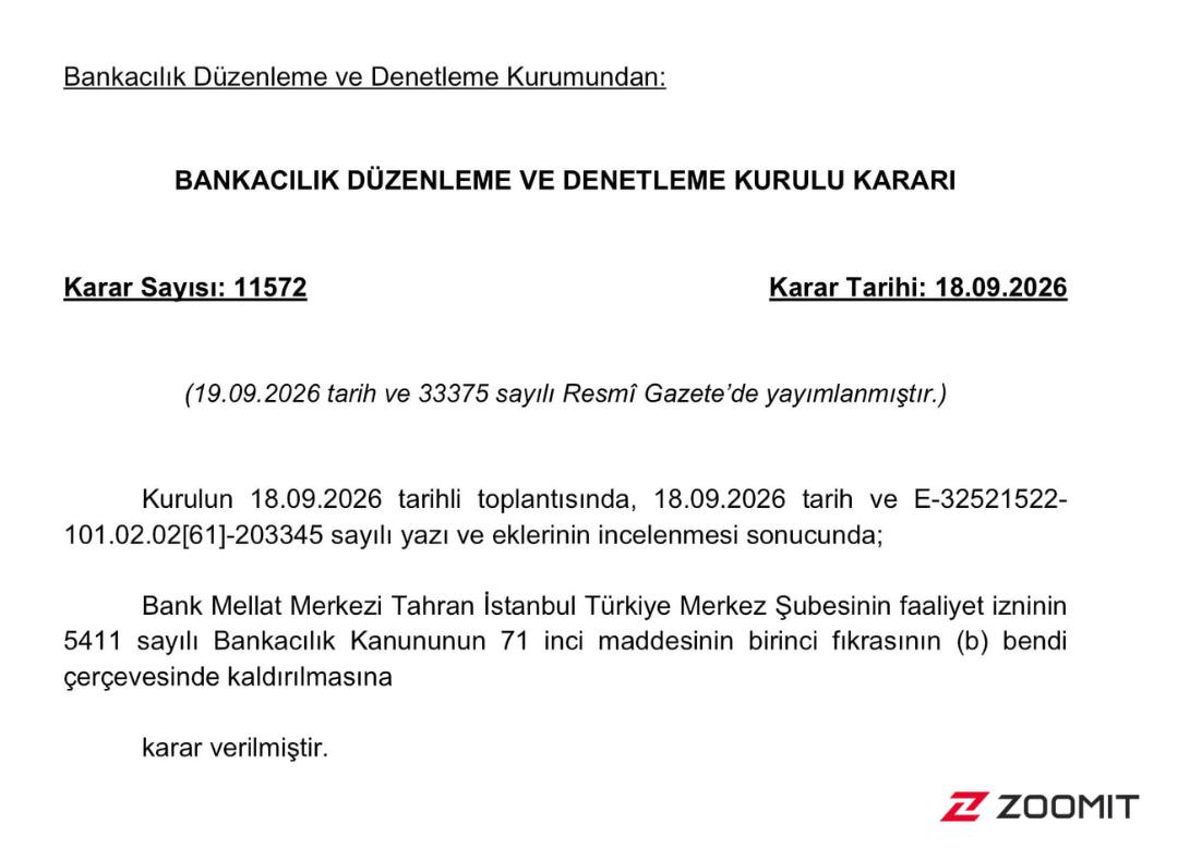 متن رسمی حکم لغو مجوز فعالیت شعبه بانک ملت (Bank Mellat) در استانبول