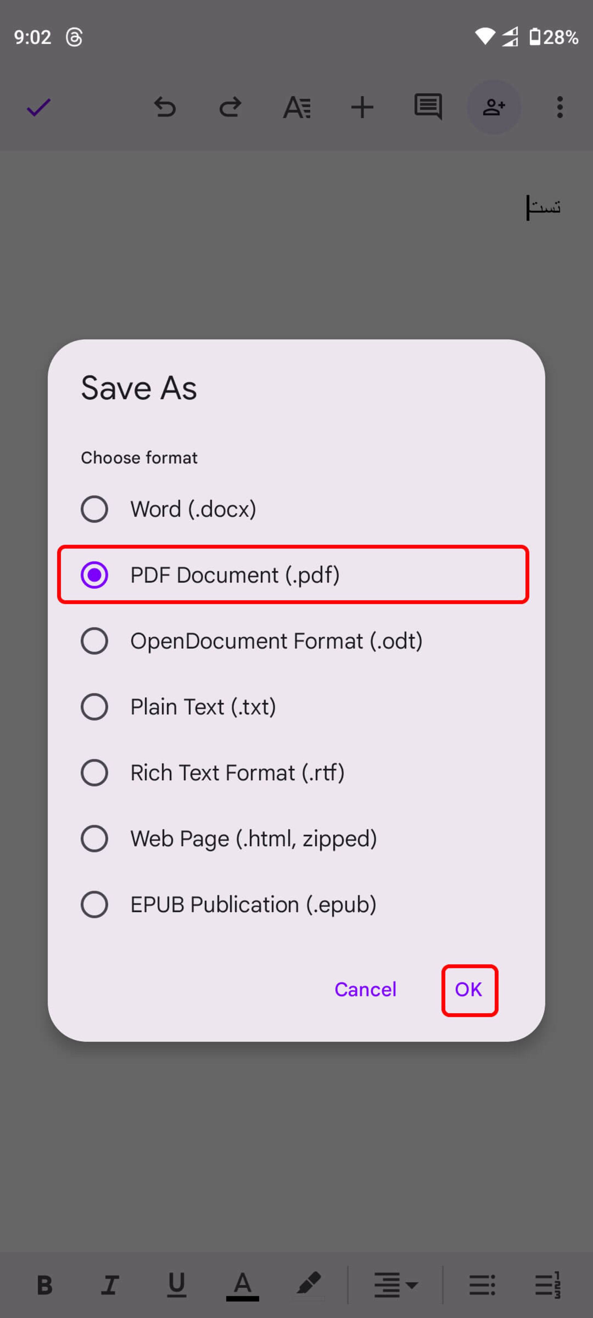 انتخاب گزینه‌ PDF Document (. pdf) در گوگل داکس