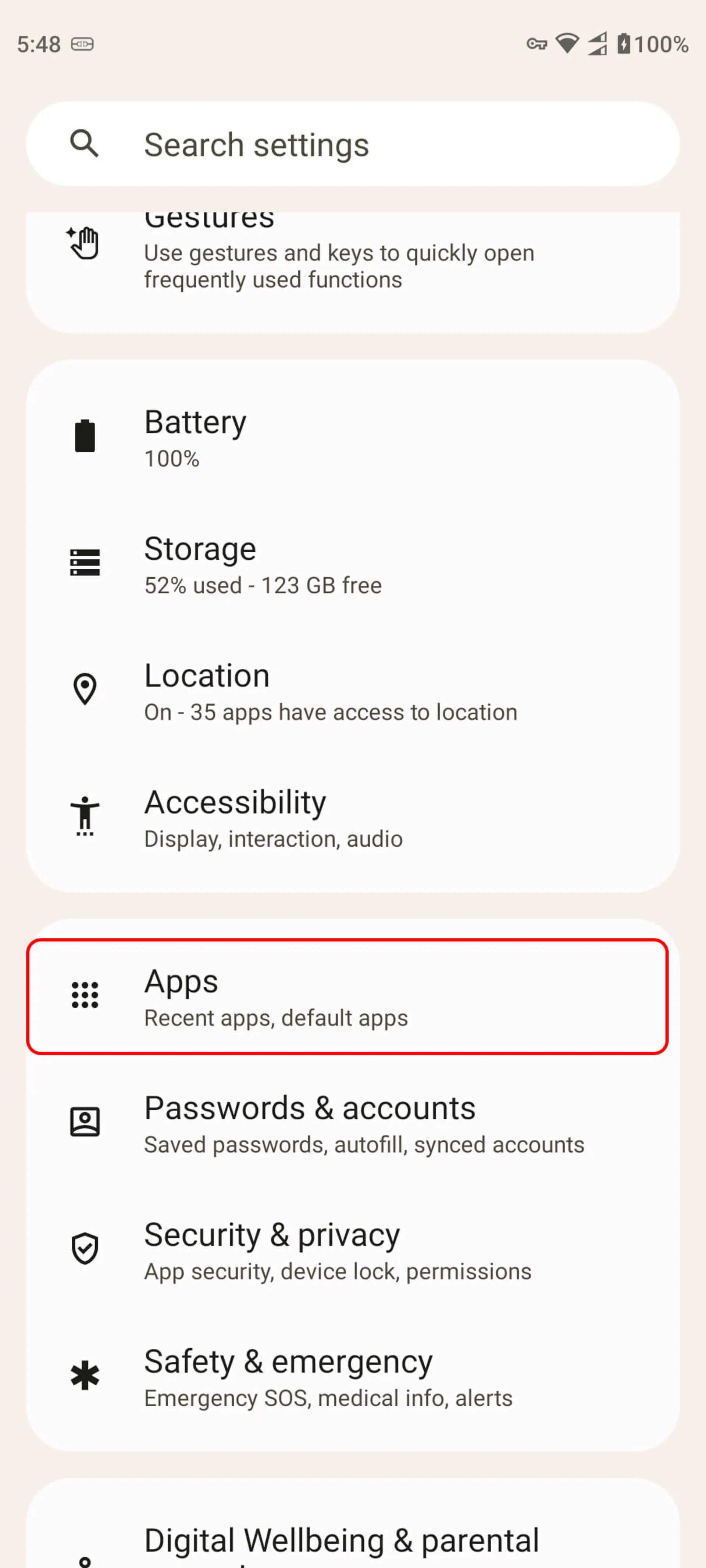 تنظیمات (Settings) گوشی اندروید و انتخاب Apps