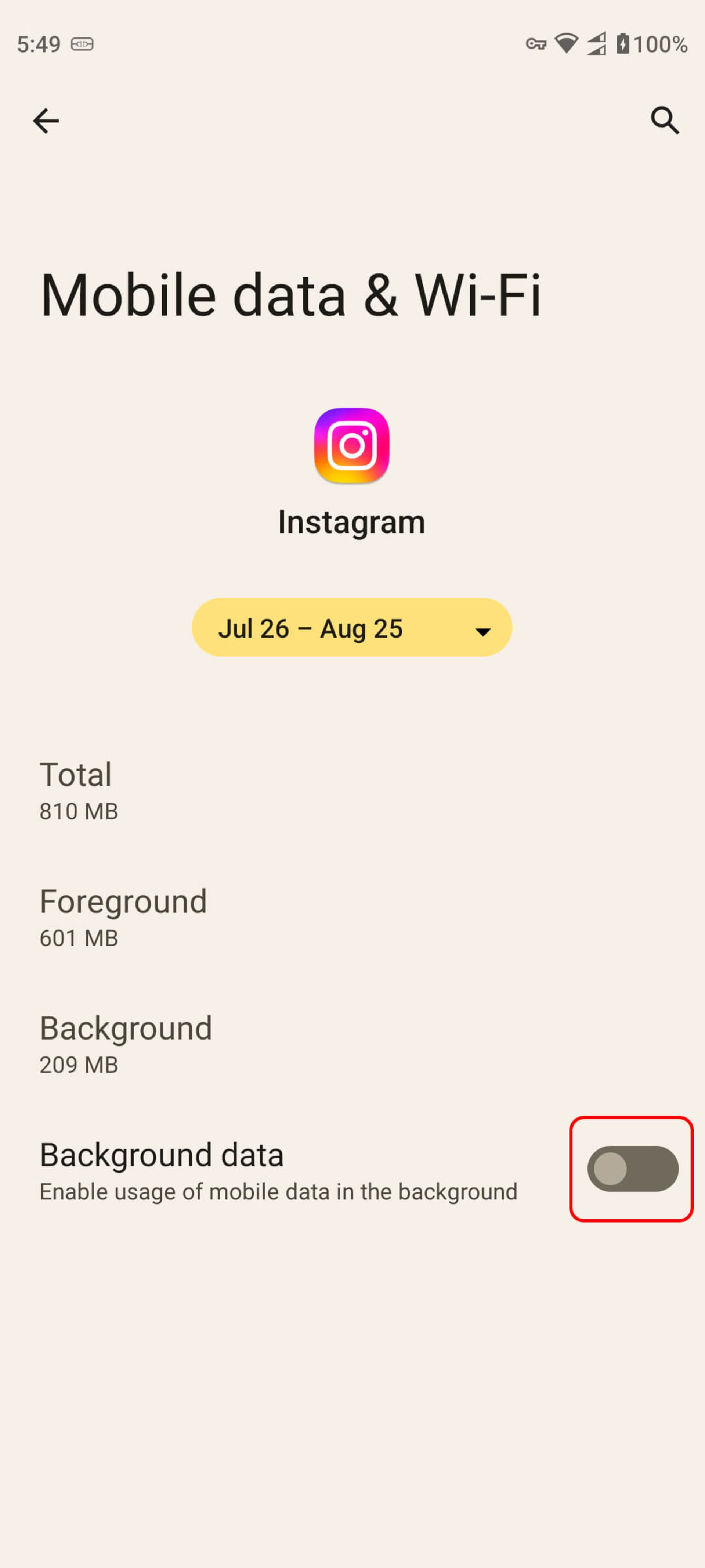 صفحه Mobile data & Wi-Fi و خاموش کردن خاموش‌کردن Background data برای کاهش مصرف اینترنت اینستاگرام