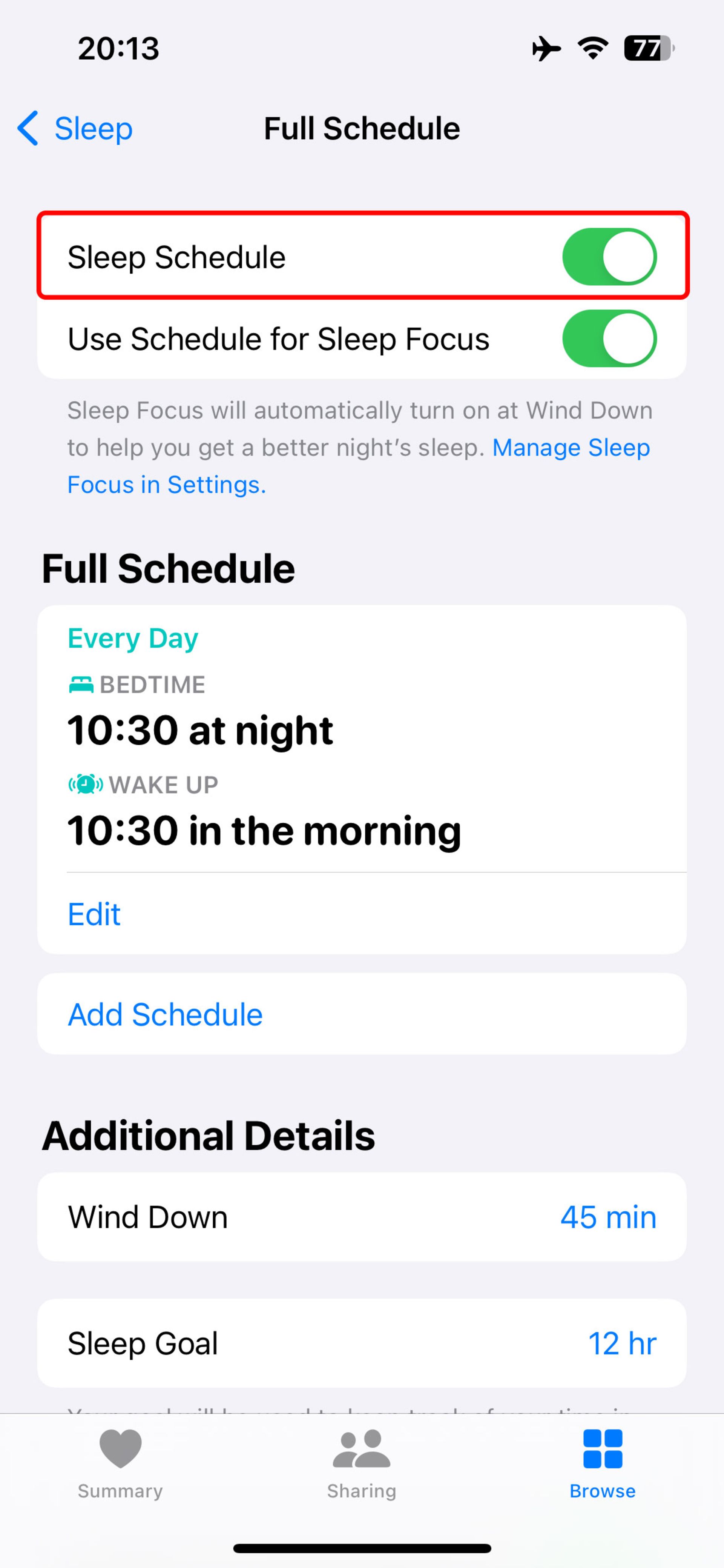 روشن کردن دکمه‌ تغیر دهنده وضعیت Sleep Schedule