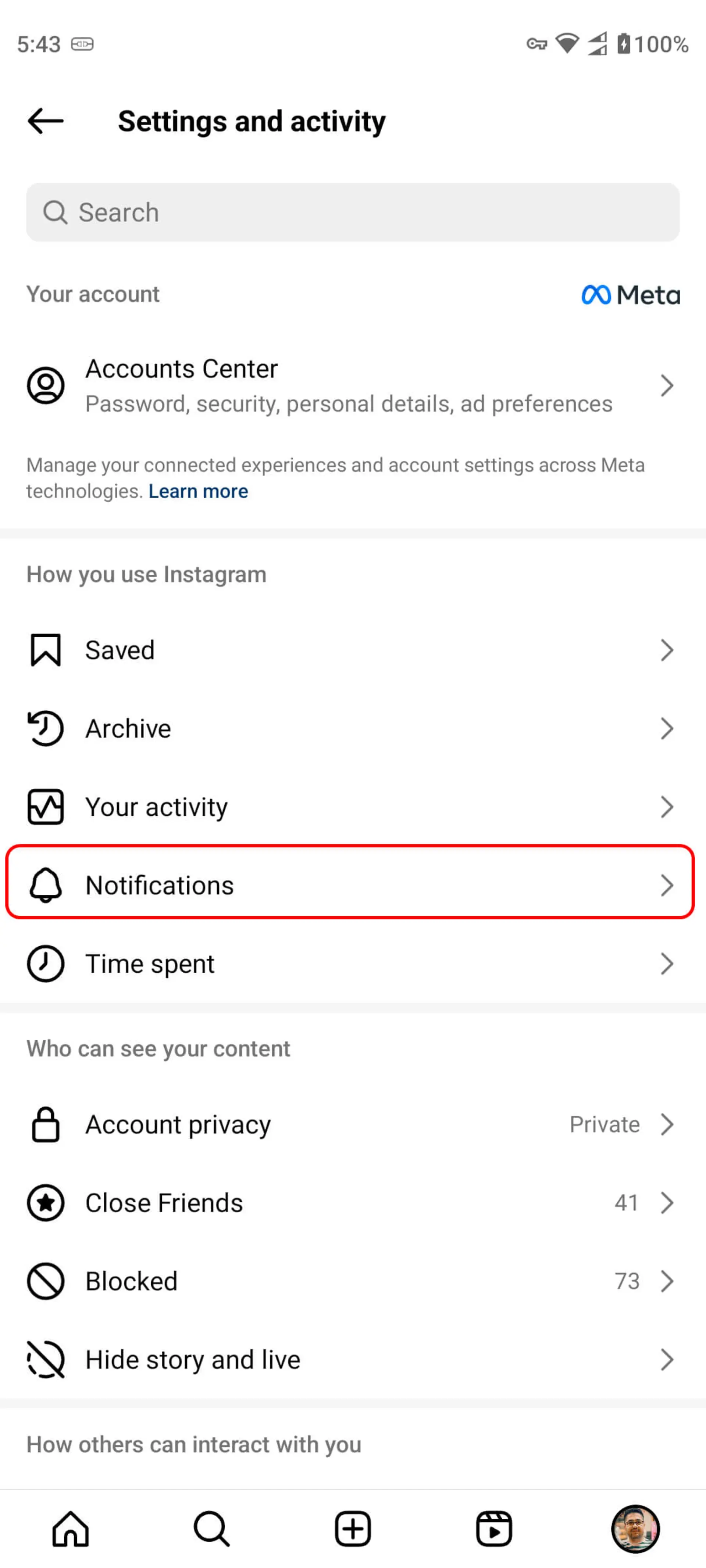 صفحه‌ Settings and activity اینستاگرام 