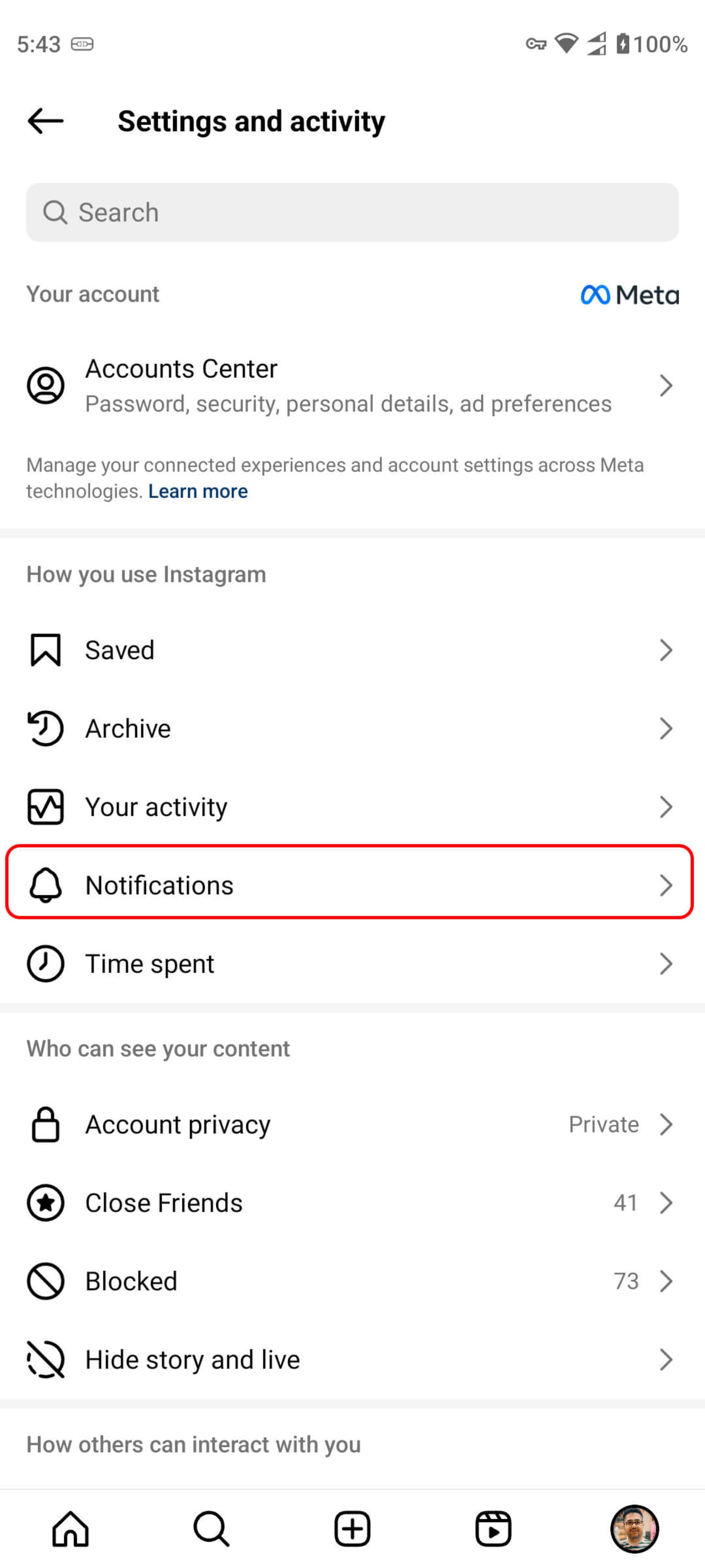 صفحه‌ Settings and activity اینستاگرام 