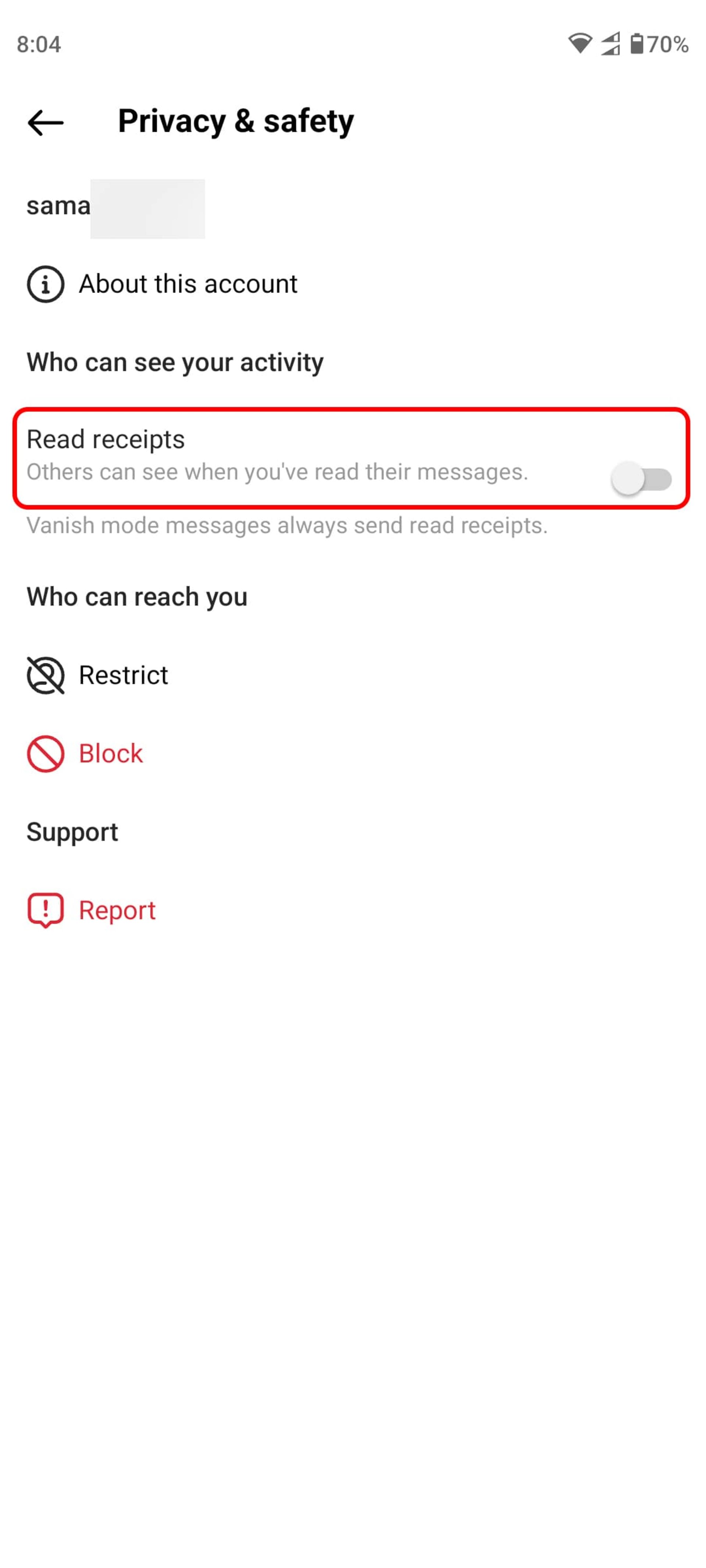 خاموش کردن دکمه‌ تغییر دهنده‌ وضعیت Read receipts