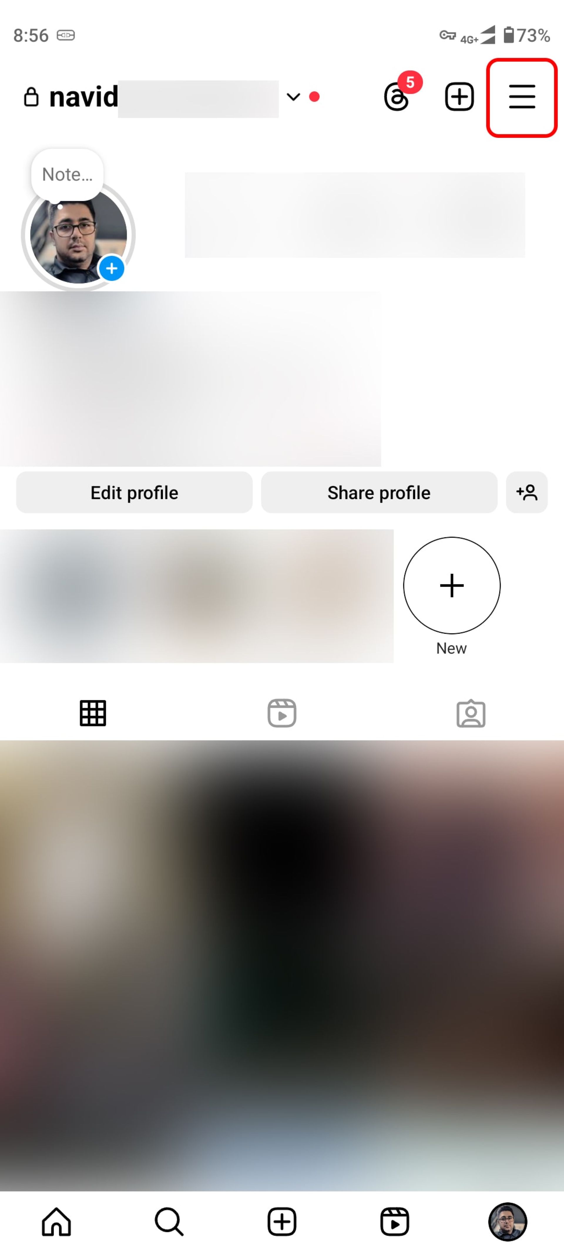 پروفایل اینستاگرام و انتخاب سه‌ خط افقی