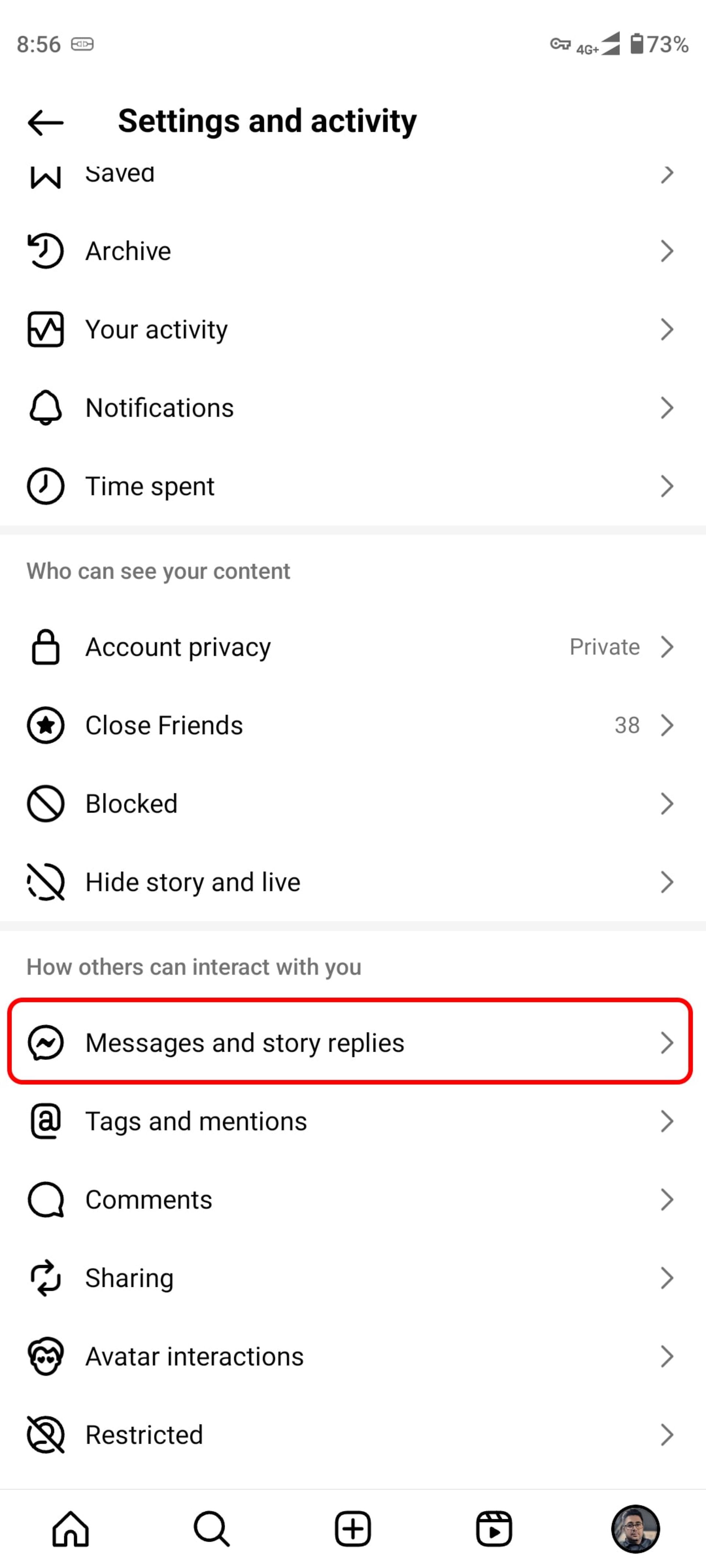 صفحه‌ی Settings and activity اینستاگرام