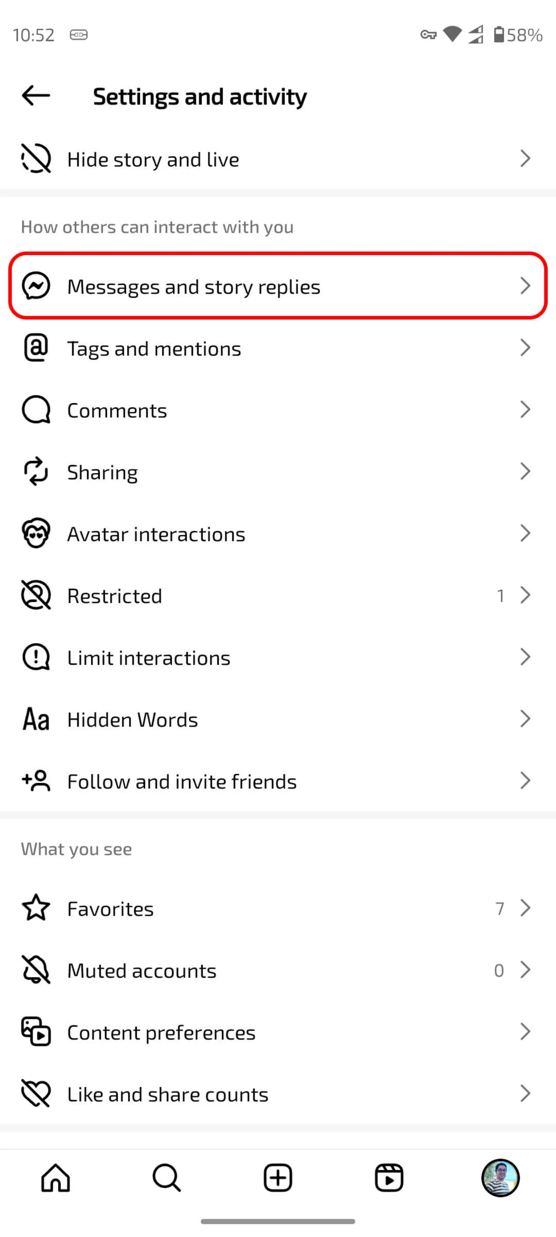 صفحه‌ تنظیمات (Settings and activity) اینستاگرام