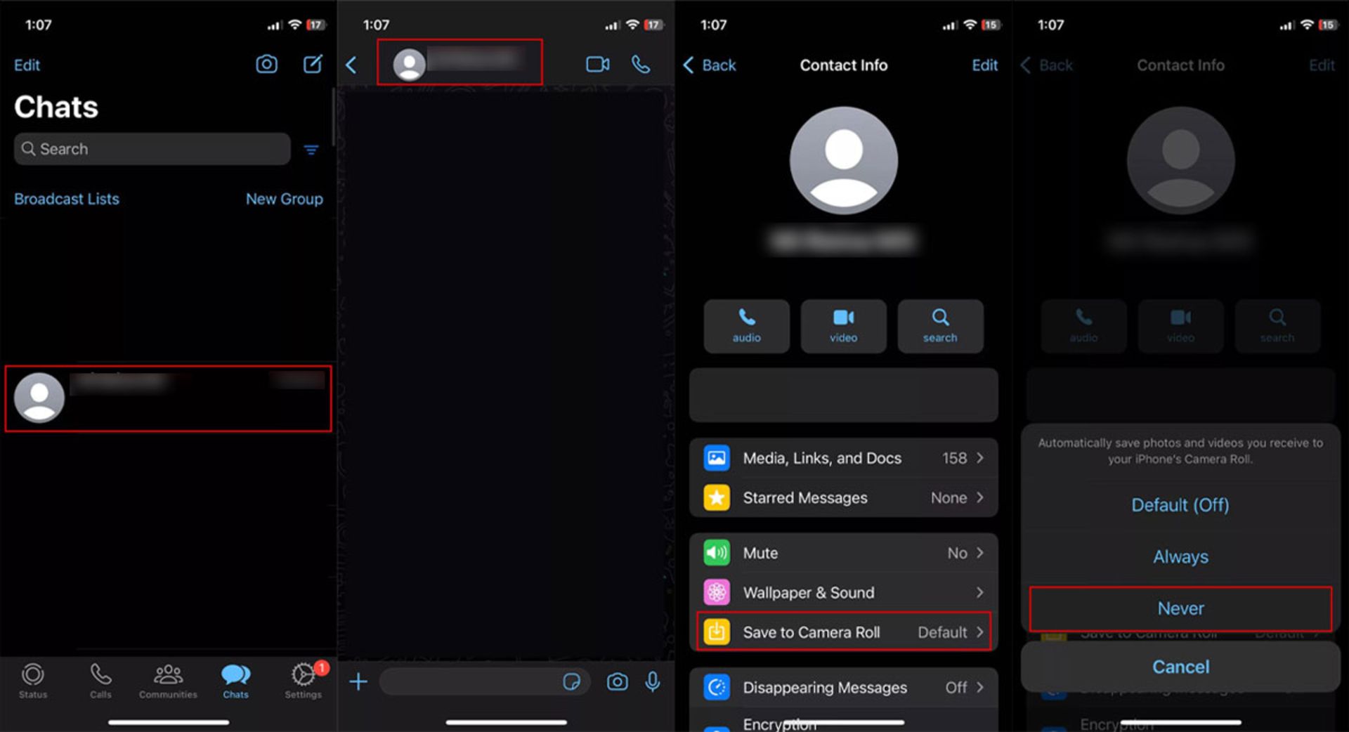 غیر فعال کردن گزینه Save to Camera Roll برای مخاطب خاص