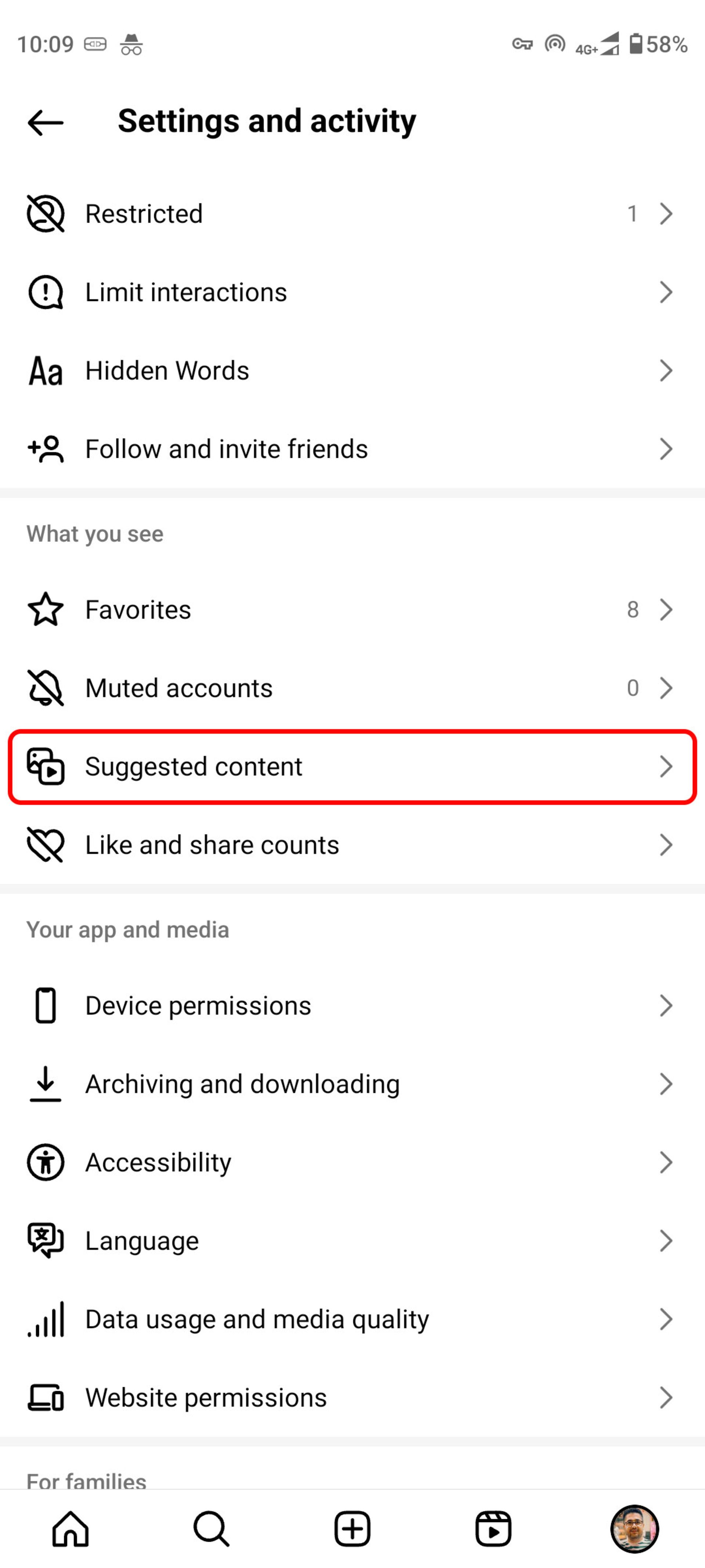 صفحه settings and activity اینستاگرام Suggested content