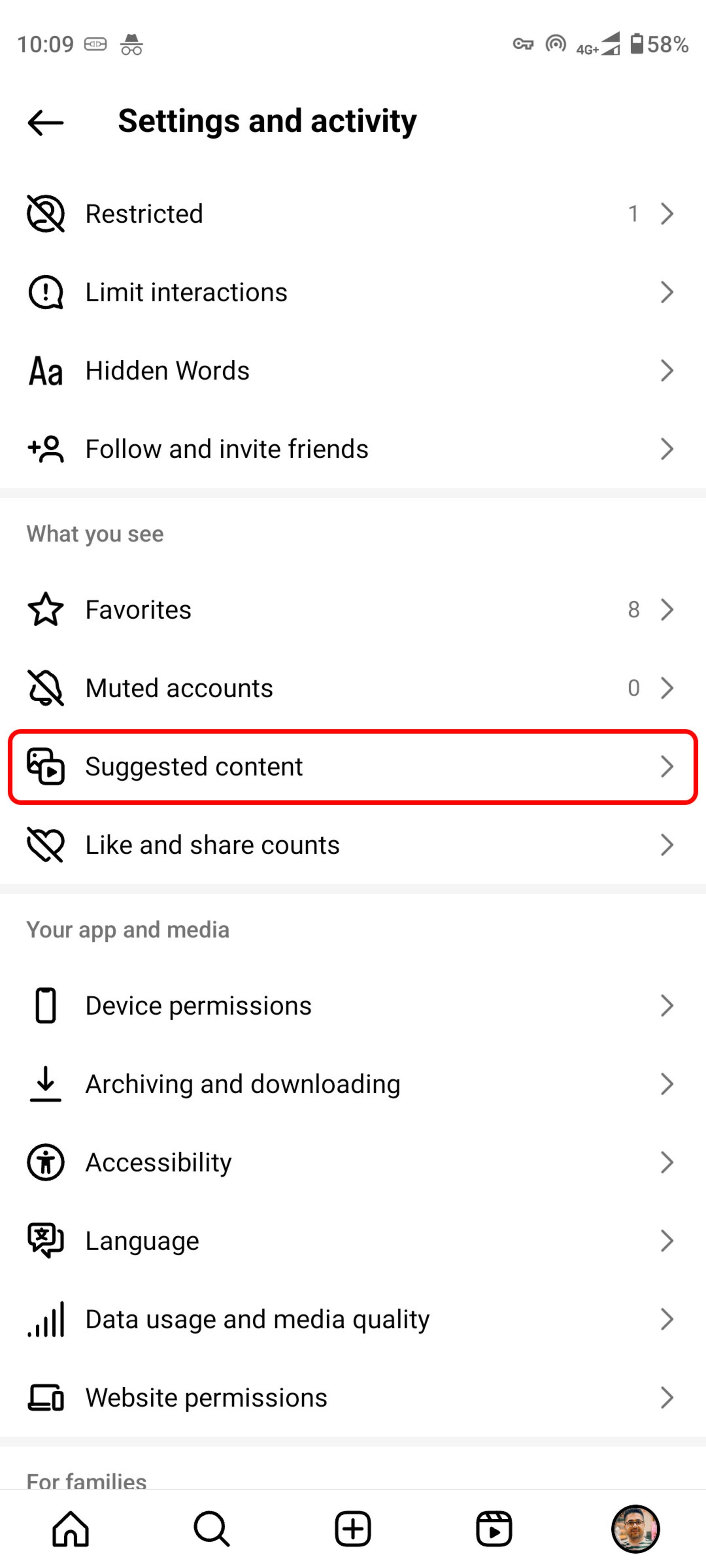 Instagram settings and activity page Suggested content