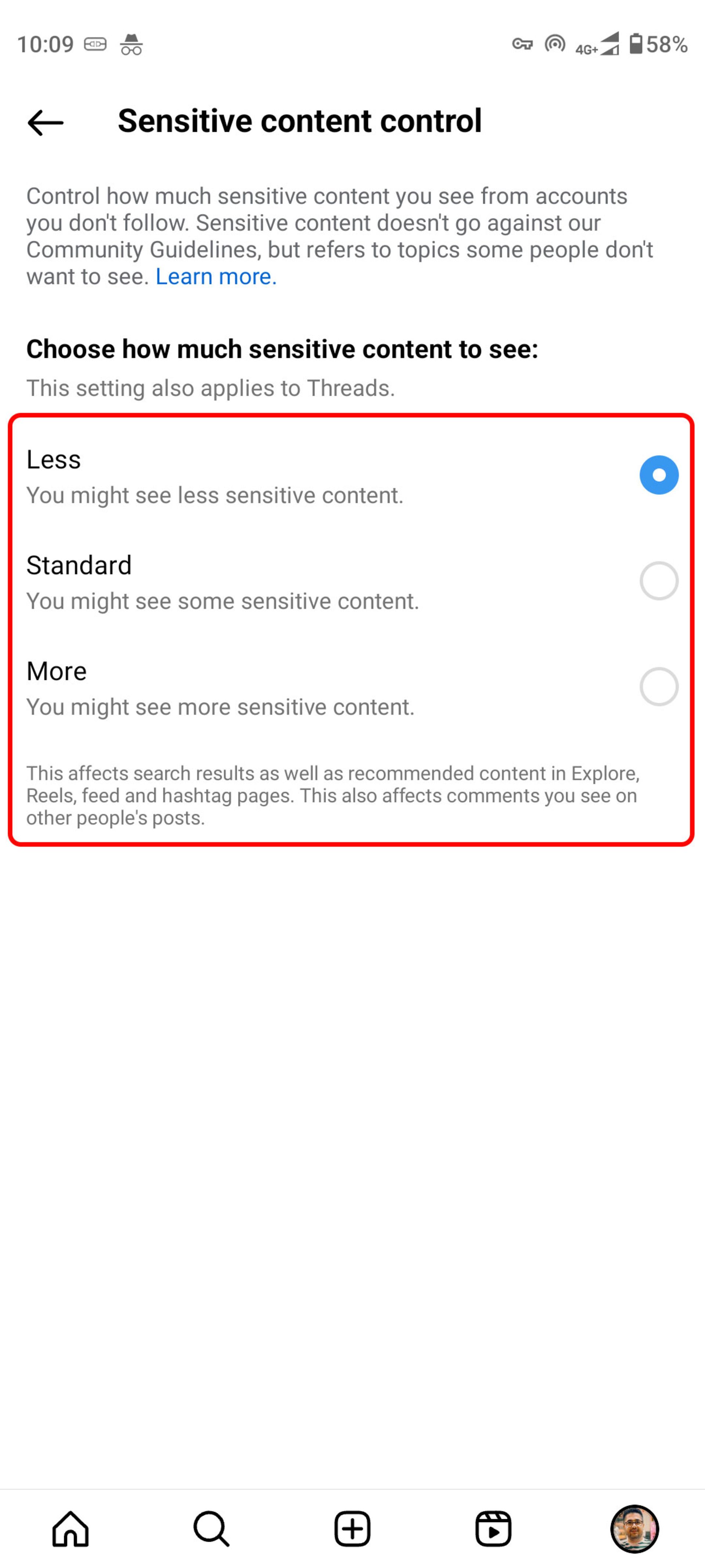 Select the Less option to avoid inappropriate content