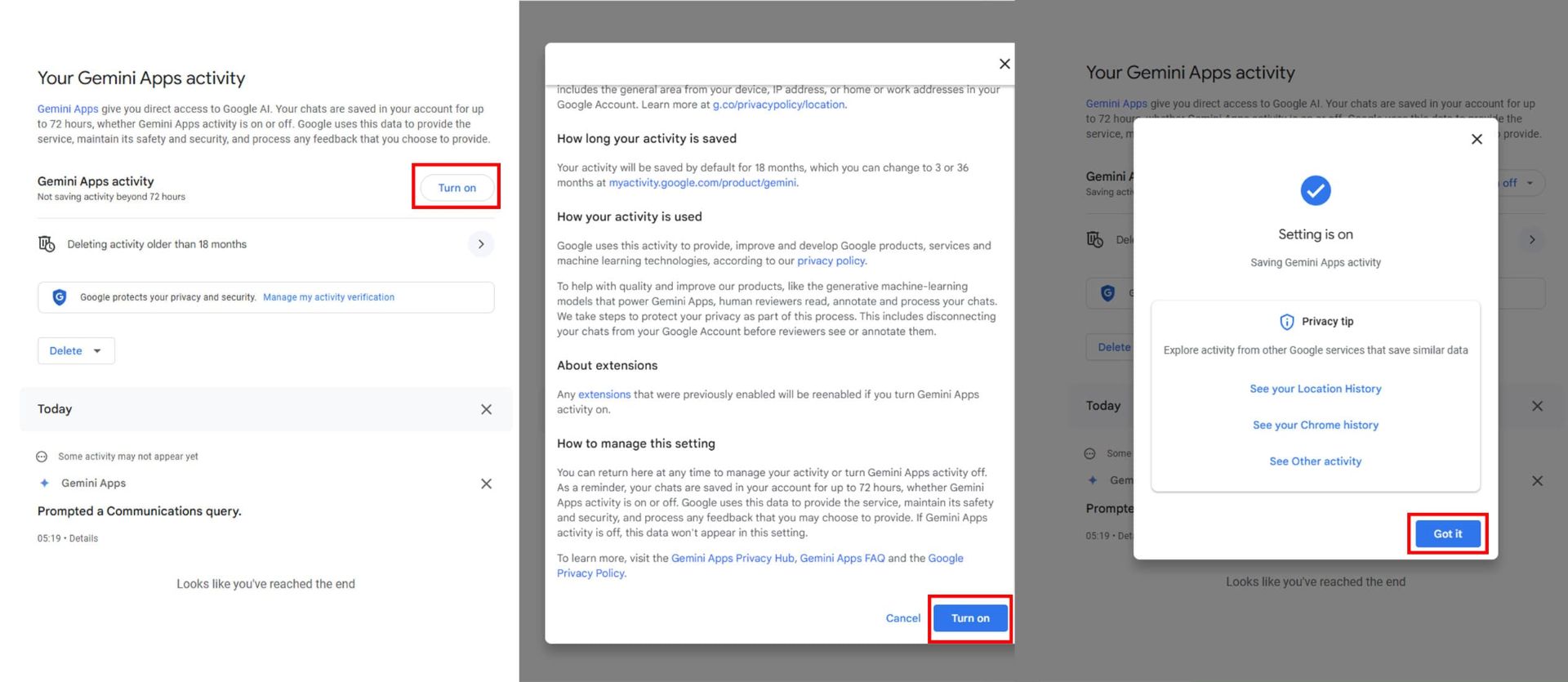 مراحل فعال کردن Gemini Apps Activity در نسخه‌ی وب جمینای
