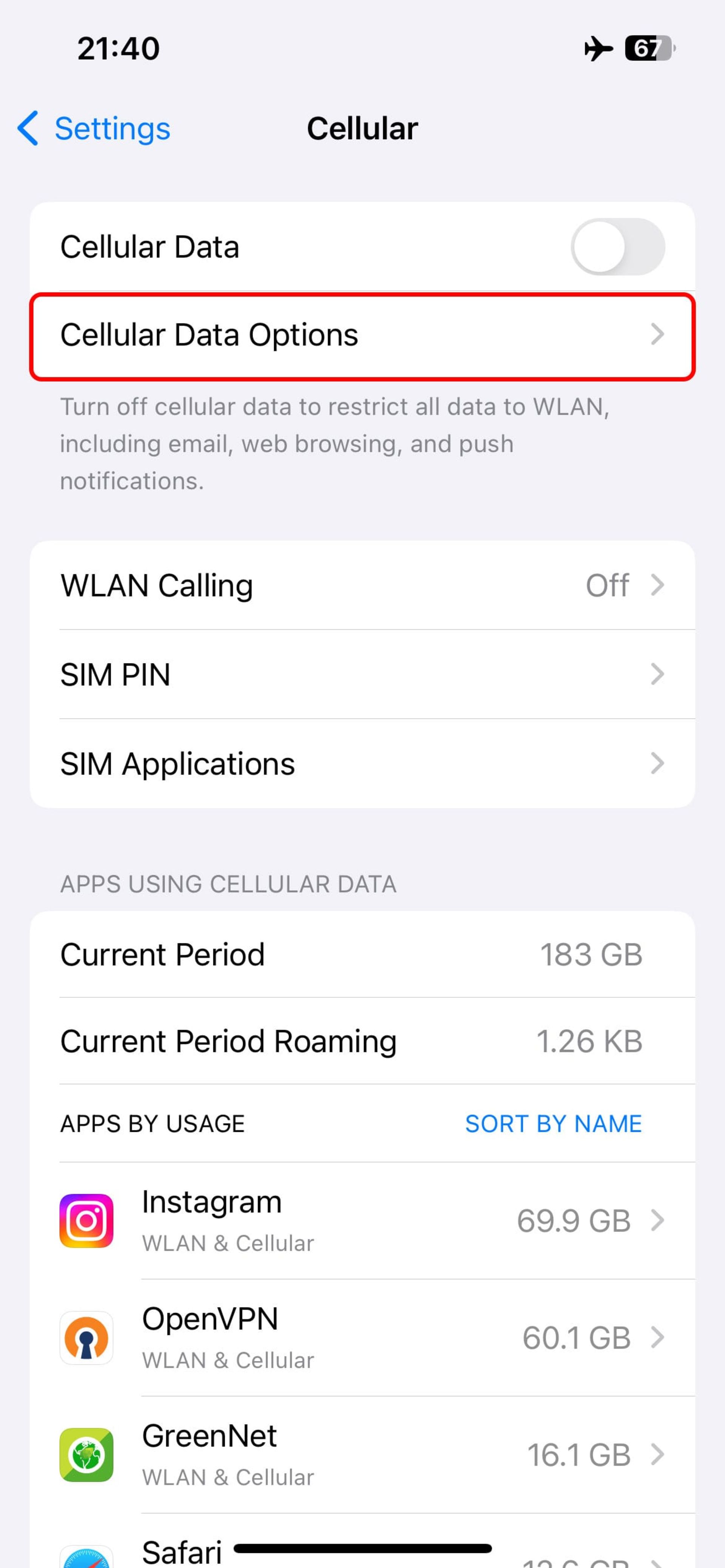 بخش تنظیمات Cellular آیفون