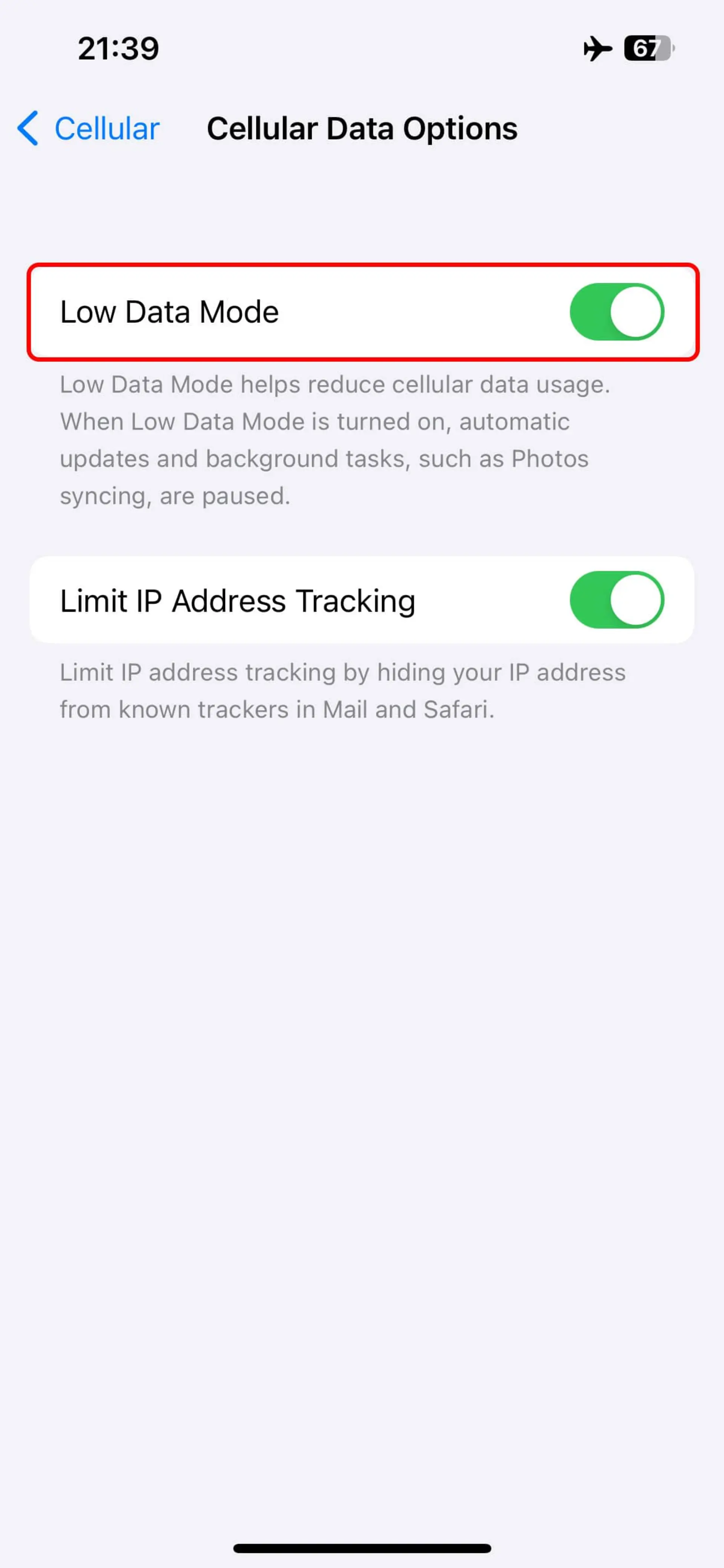 صفحه Cellular data options برای فعال کردن Low Data Mode و کاهش مصرف اینترنت اینستاگرام