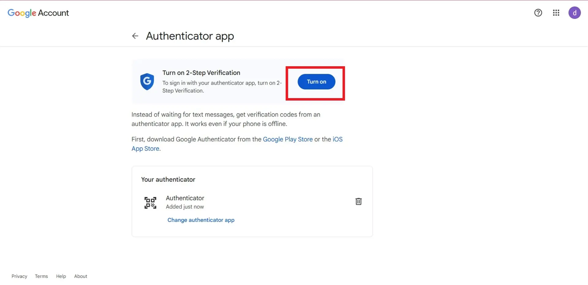 گزینه‌ی turn on در اپلیکیشن google authenticator
