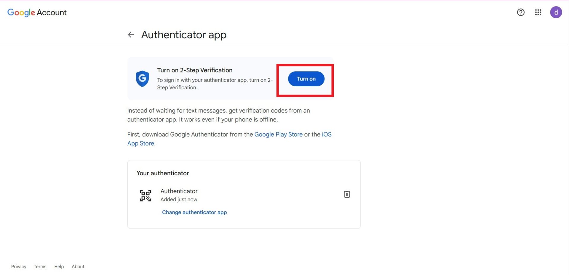 گزینه‌ی turn on در اپلیکیشن google authenticator