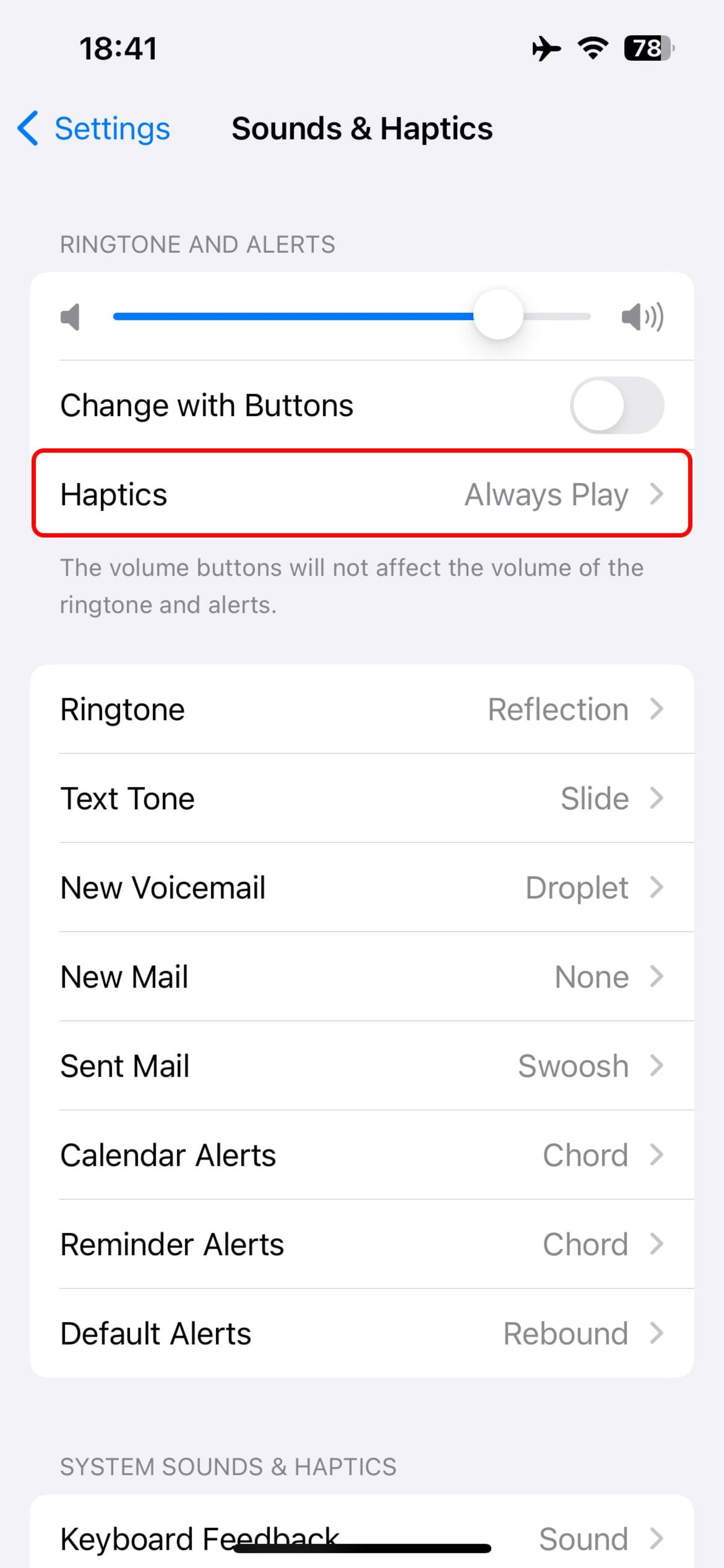 انتخاب Haptics در بخش Sounds & Haptics