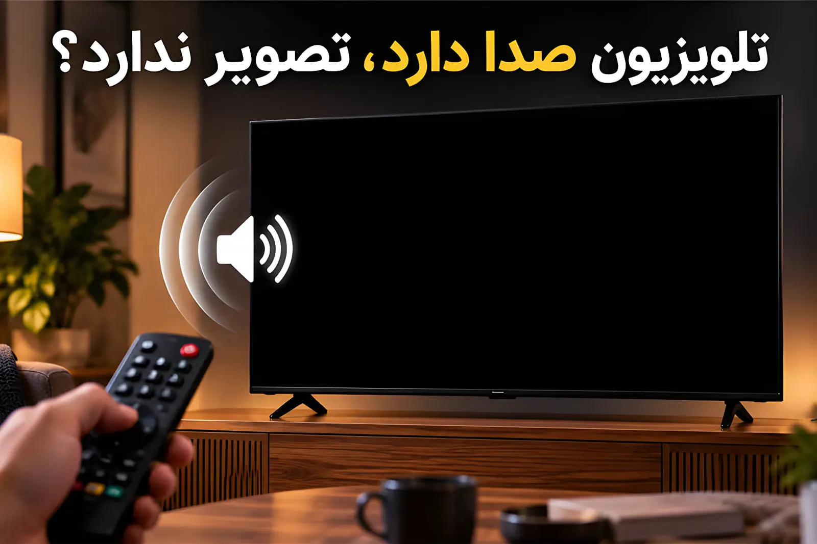 صفحه سیاه تلویزیون با آیکون بلندگو برای نمایش مشکل نبود تصویر