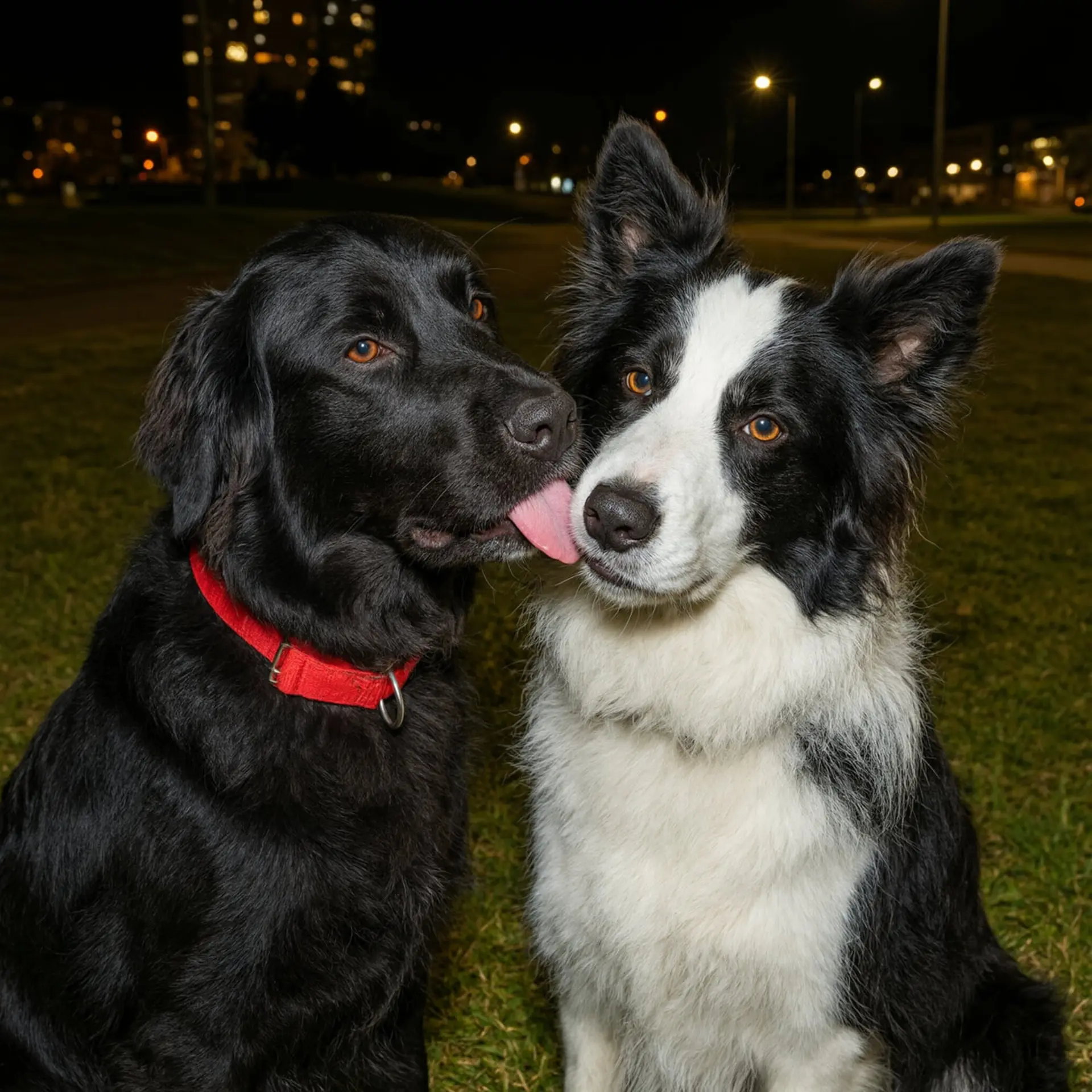 یک سگ سیاه با قلاده قرمز در حال لیسیدن صورت یک سگ سیاه و سفید در فضای باز در شب.