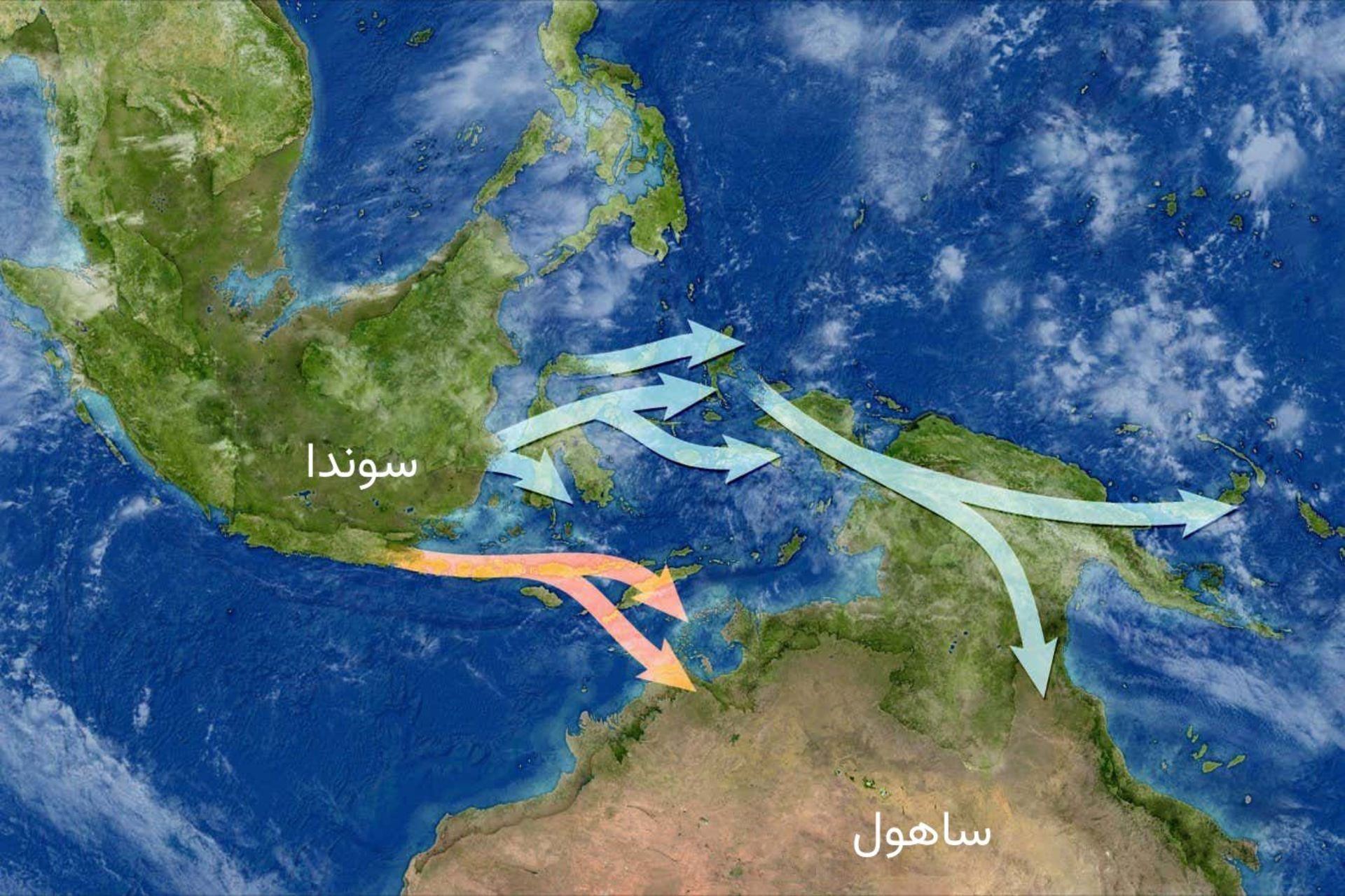 دو مسیر مشخص شده در نقشه که توسط انسان های باستانی برای رسیدن به استرالیا طی شد