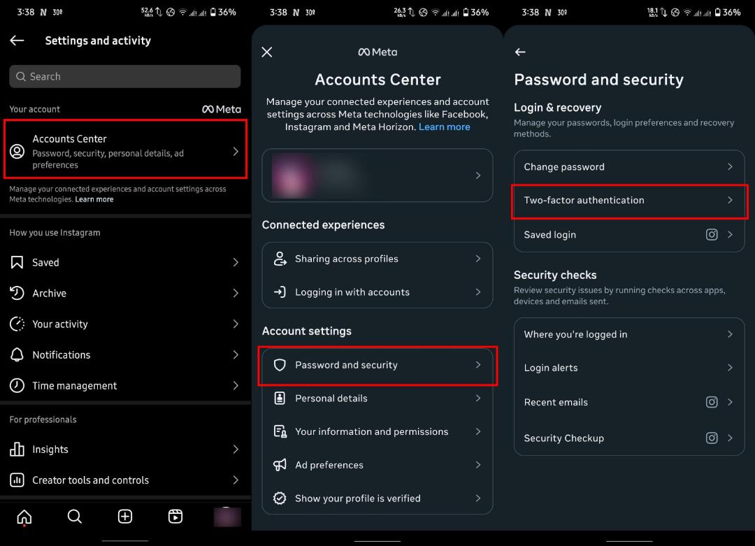 مراحل دسترسی به گزینه Two-Factor Authentication در تنظیمات امنیتی برای افزایش امنیت حساب اینستاگرام.