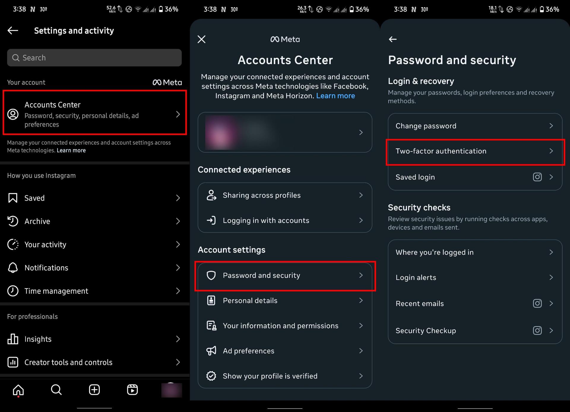 مراحل دسترسی به گزینه Two-Factor Authentication در تنظیمات امنیتی برای افزایش امنیت حساب اینستاگرام.