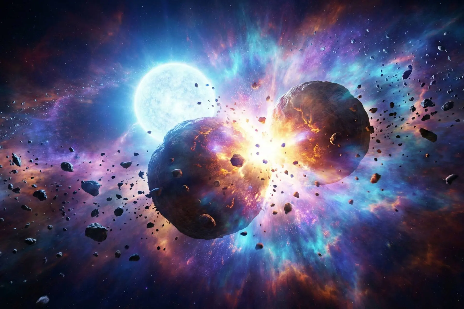 تصویرسازی برخورد شدید دو سیاره کوچک سنگی بزرگ در اطراف ستاره درخشان فم‌الحوت.