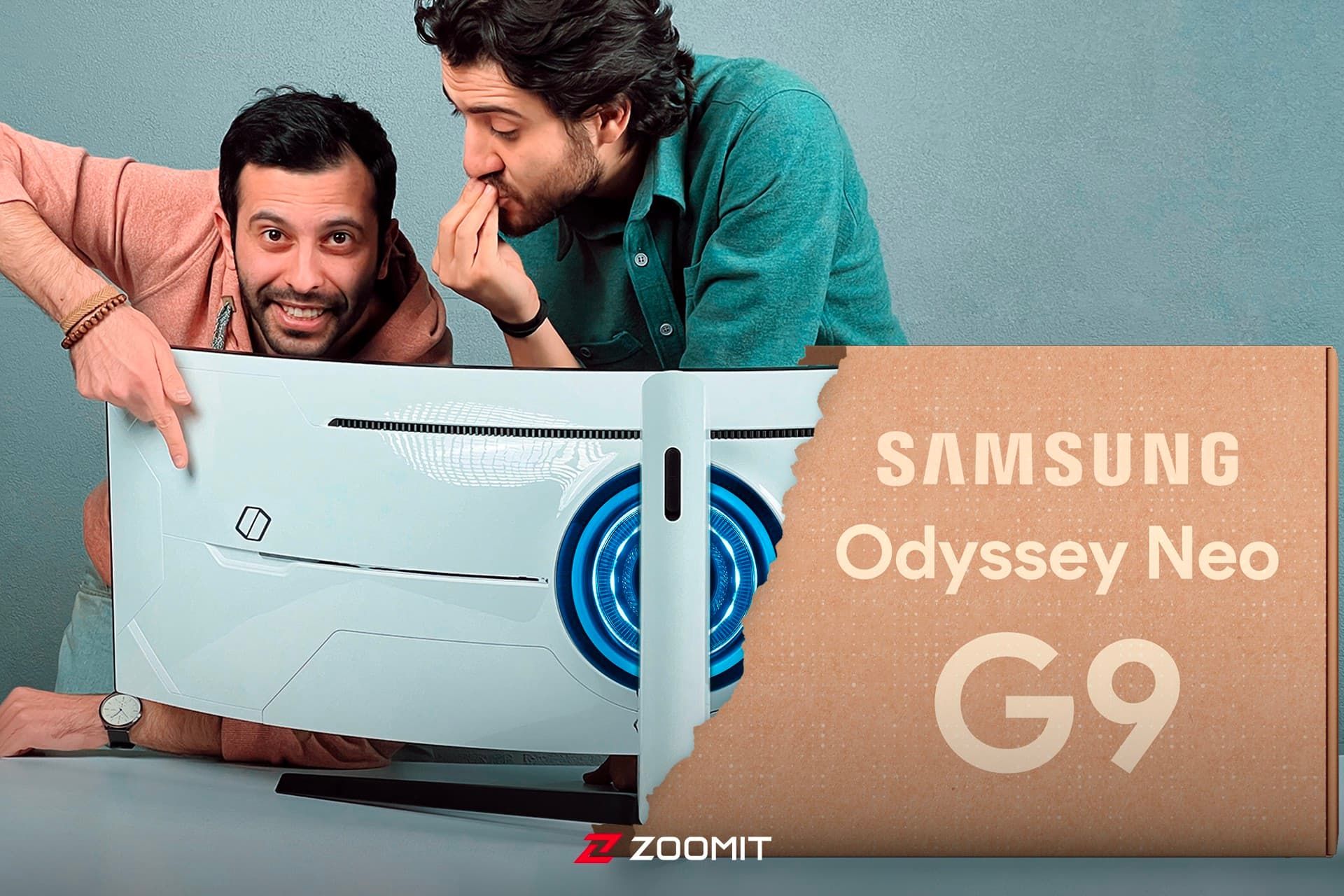 دو مرد جوان با مانیتور اودیسی نئو G9 سامسونگ