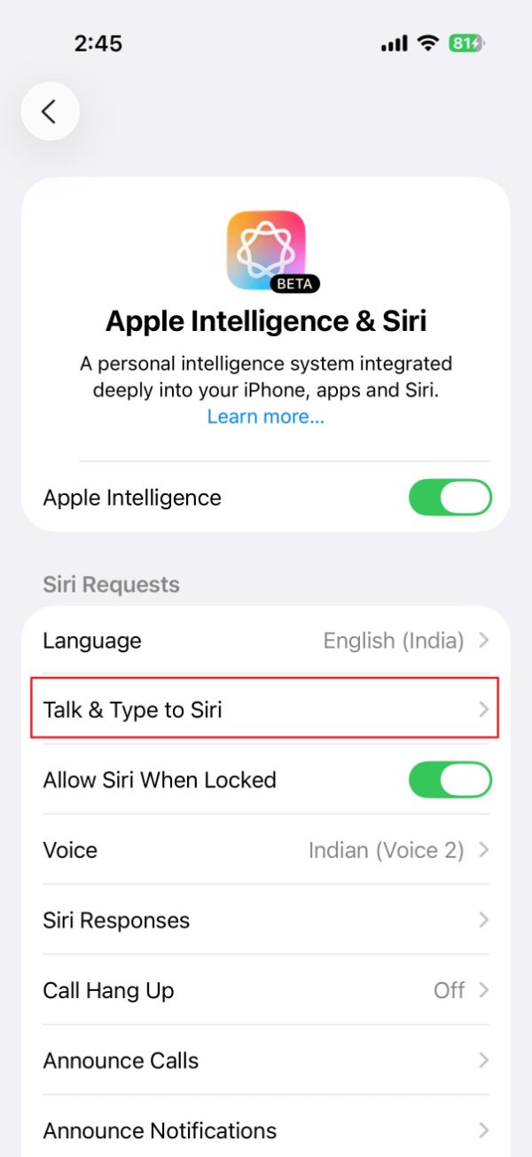 انتخاب گزینه‌ی Talk & Type to Siri در تنظیمات سیری آیفون