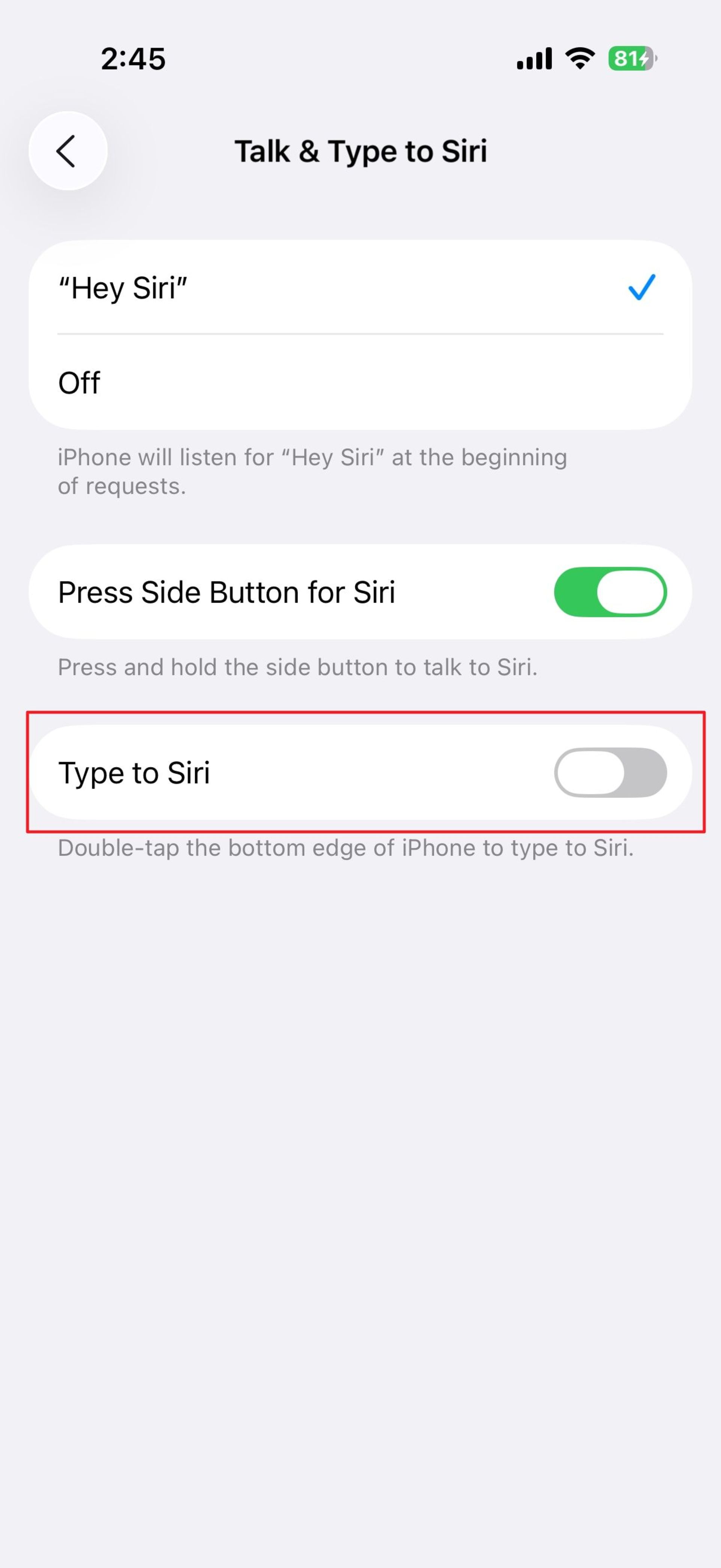 غیرفعال کردن گزینه‌ی type to siri  در تنظیمات آیفون