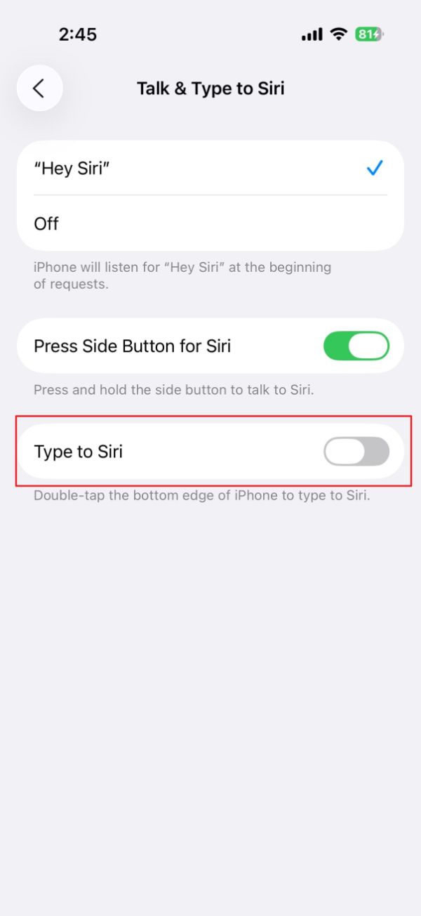 غیرفعال کردن گزینه‌ی type to siri  در تنظیمات آیفون
