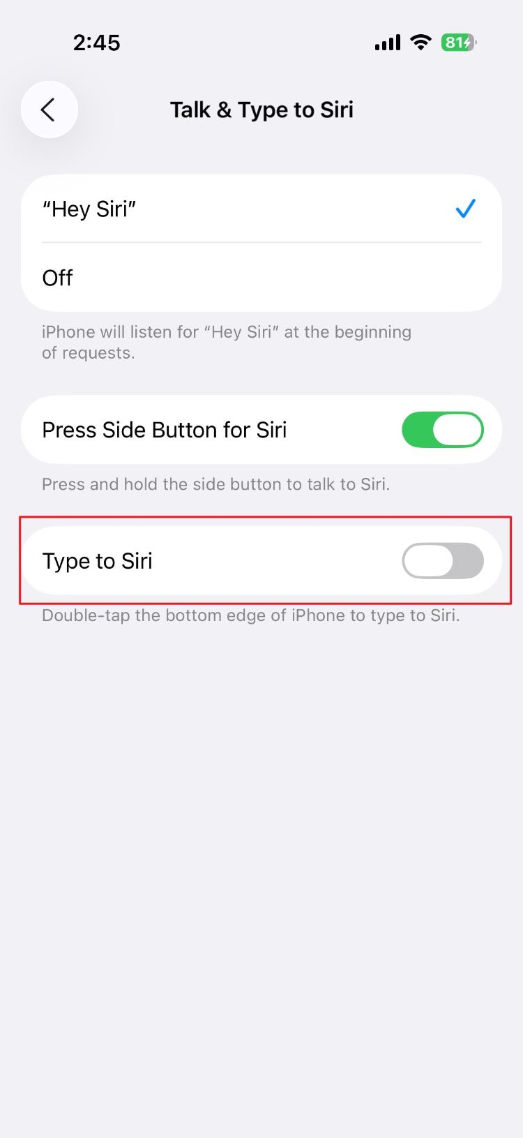 غیرفعال کردن گزینه‌ی type to siri  در تنظیمات آیفون