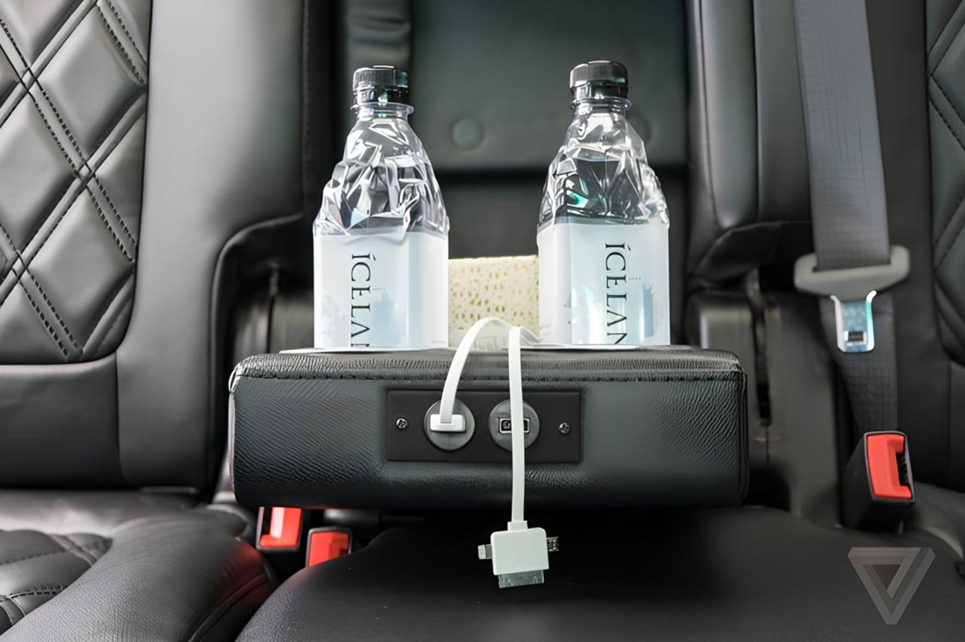 Two bottles of water in the Uber car