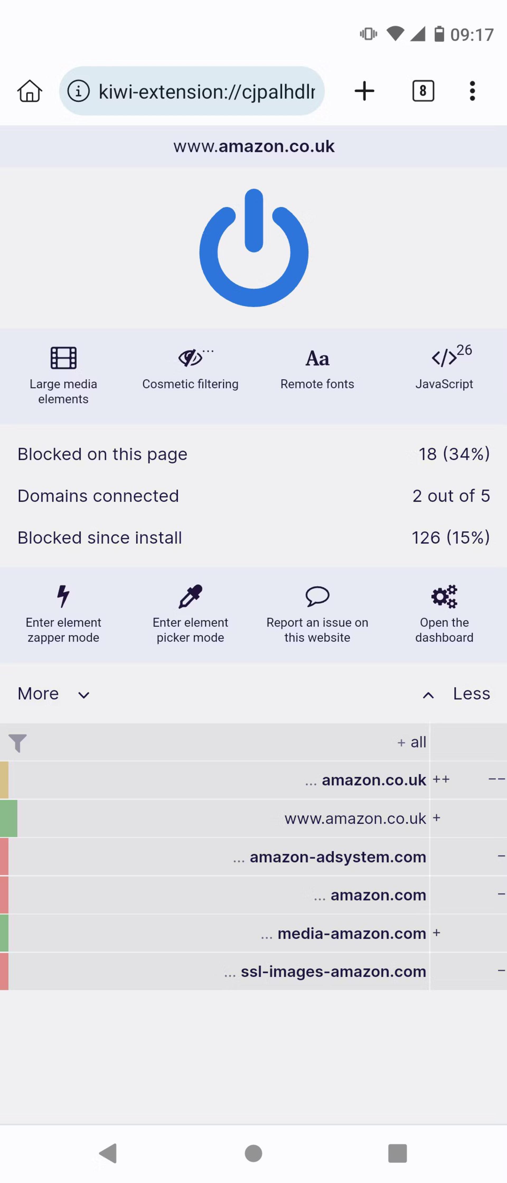 اسکرین‌شات افزونه‌ی uBlock Origin کروم در اندروید