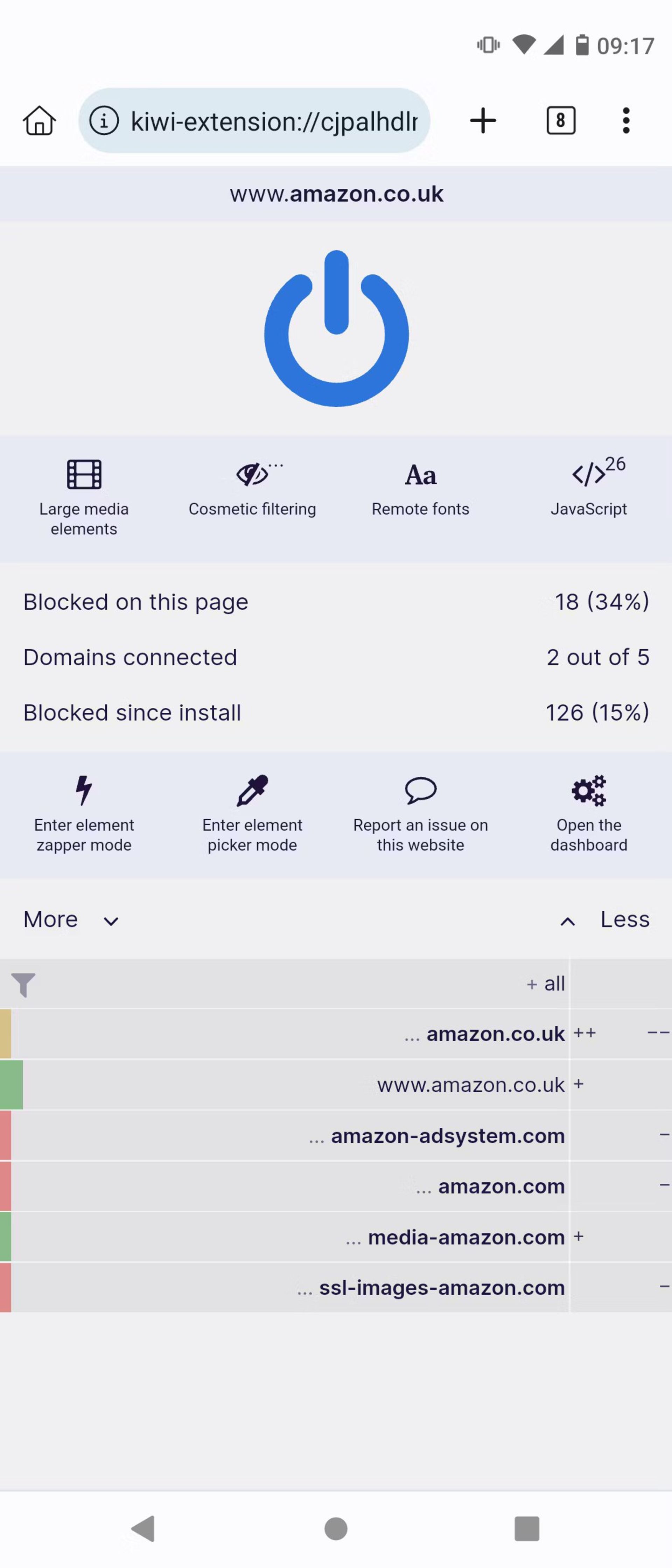 اسکرین‌شات افزونه‌ی uBlock Origin کروم در اندروید
