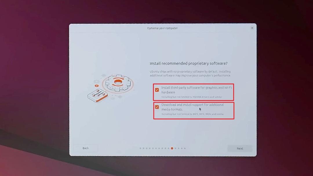انتخاب گزینه‌های install thirdparty در اینستالر اوبونتو