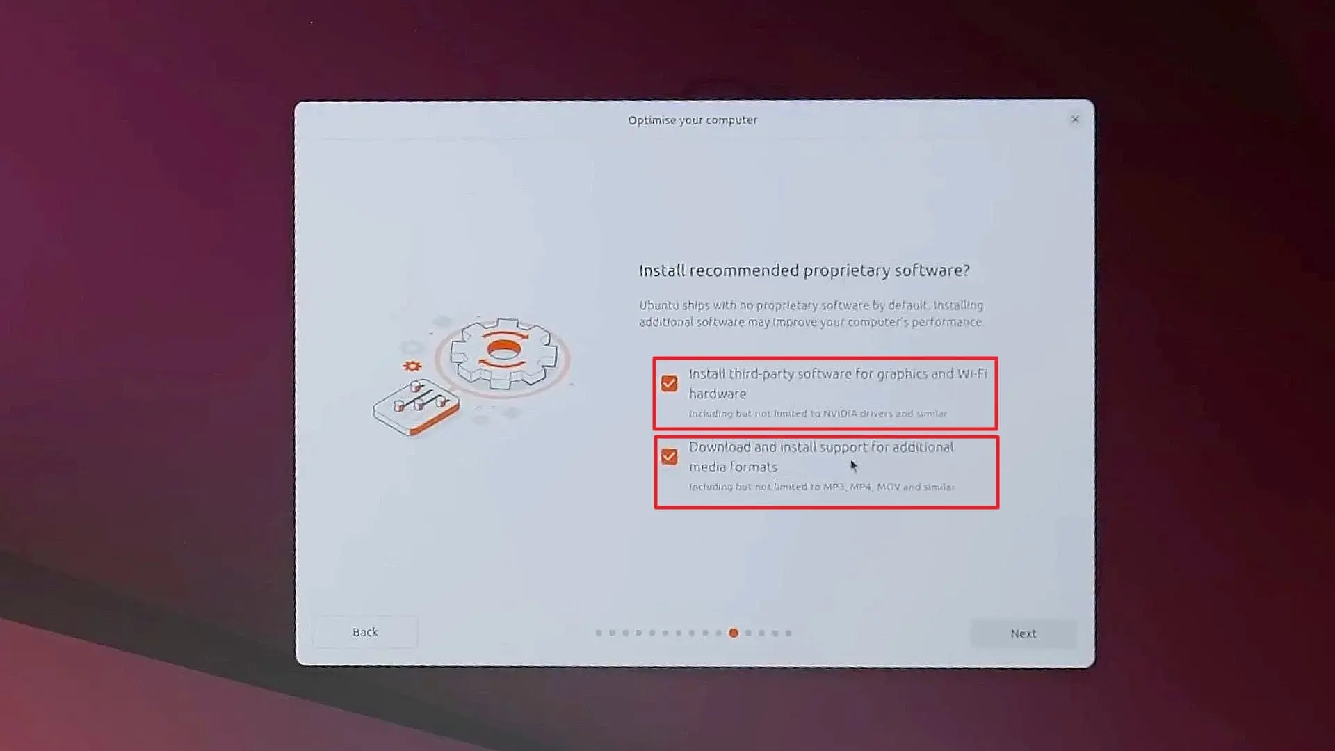 انتخاب گزینه‌های install thirdparty در اینستالر اوبونتو
