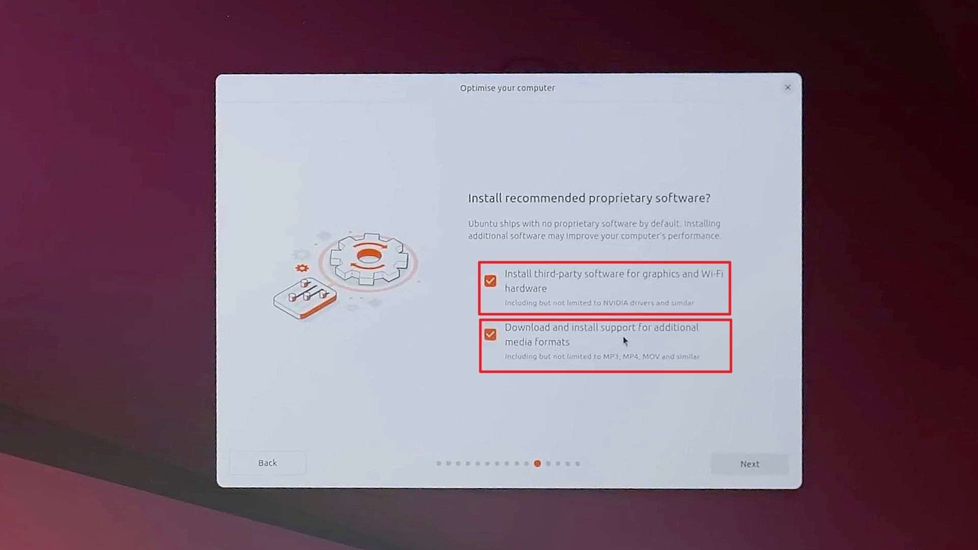 انتخاب گزینه‌های install thirdparty در اینستالر اوبونتو