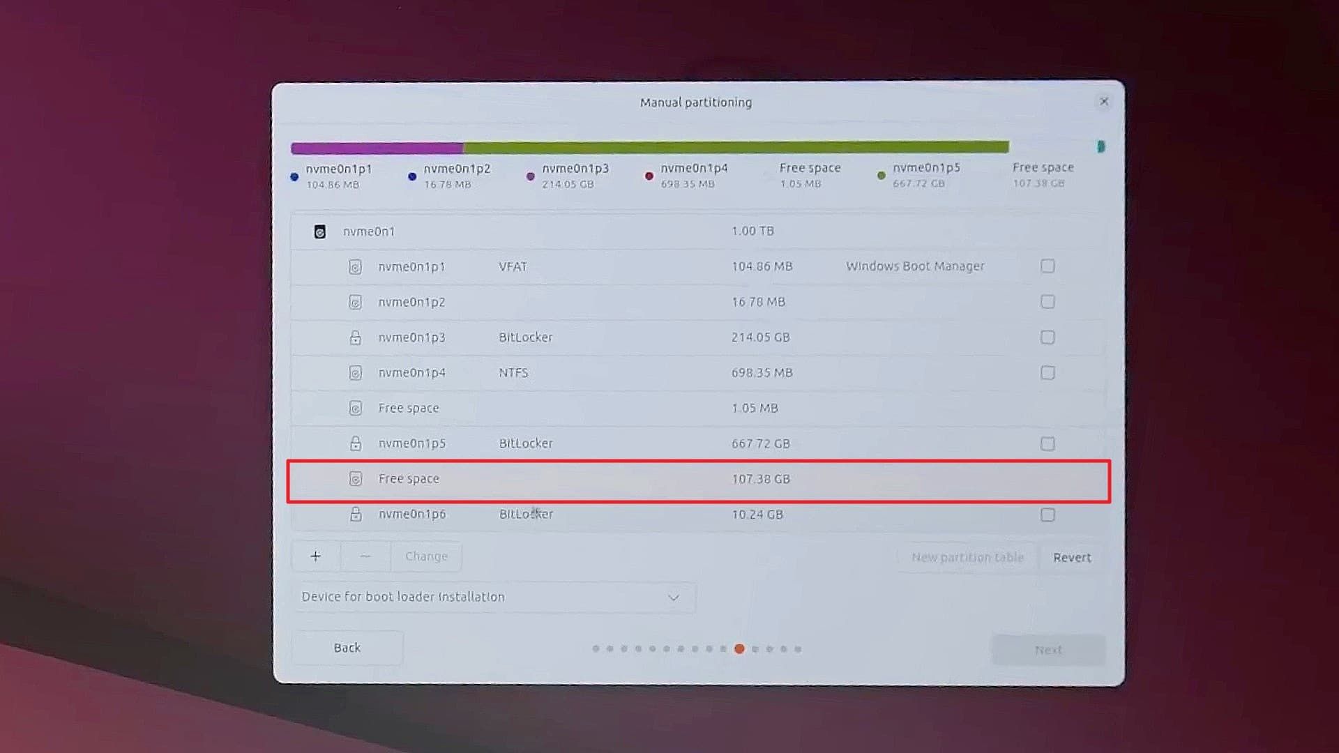 انتخاب فضای خالی شده در بخش Partitioning اوبونتو