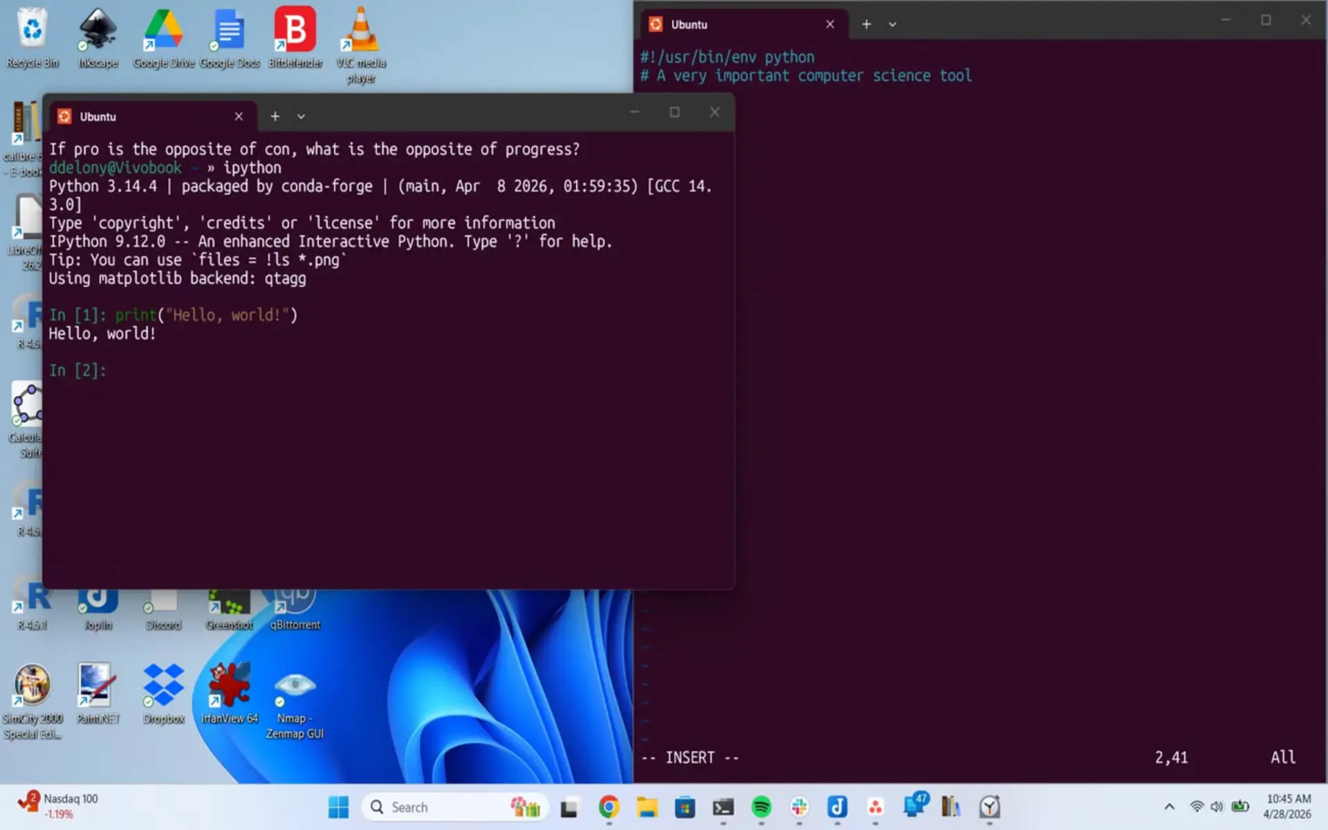 ترمینال اوبونتو (Ubuntu) در حال اجرای کدهای پایتون (Python) در محیط دسکتاپ