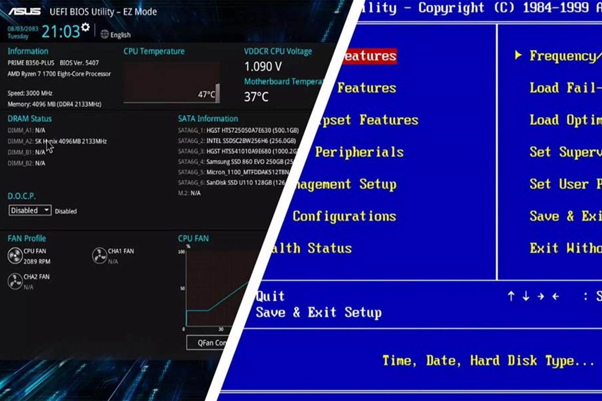 نمایی از محیط فریم ور UEFI و BIOS در کنار یکدیگر