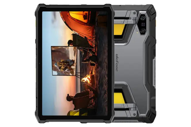 نمای کلی تبلت آرمور پد 5 اولترا یولفون / Ulefone Armor Pad 5 Ultra با نمایشگر روشن و نمایش لوگو و دوربین پنل پشت