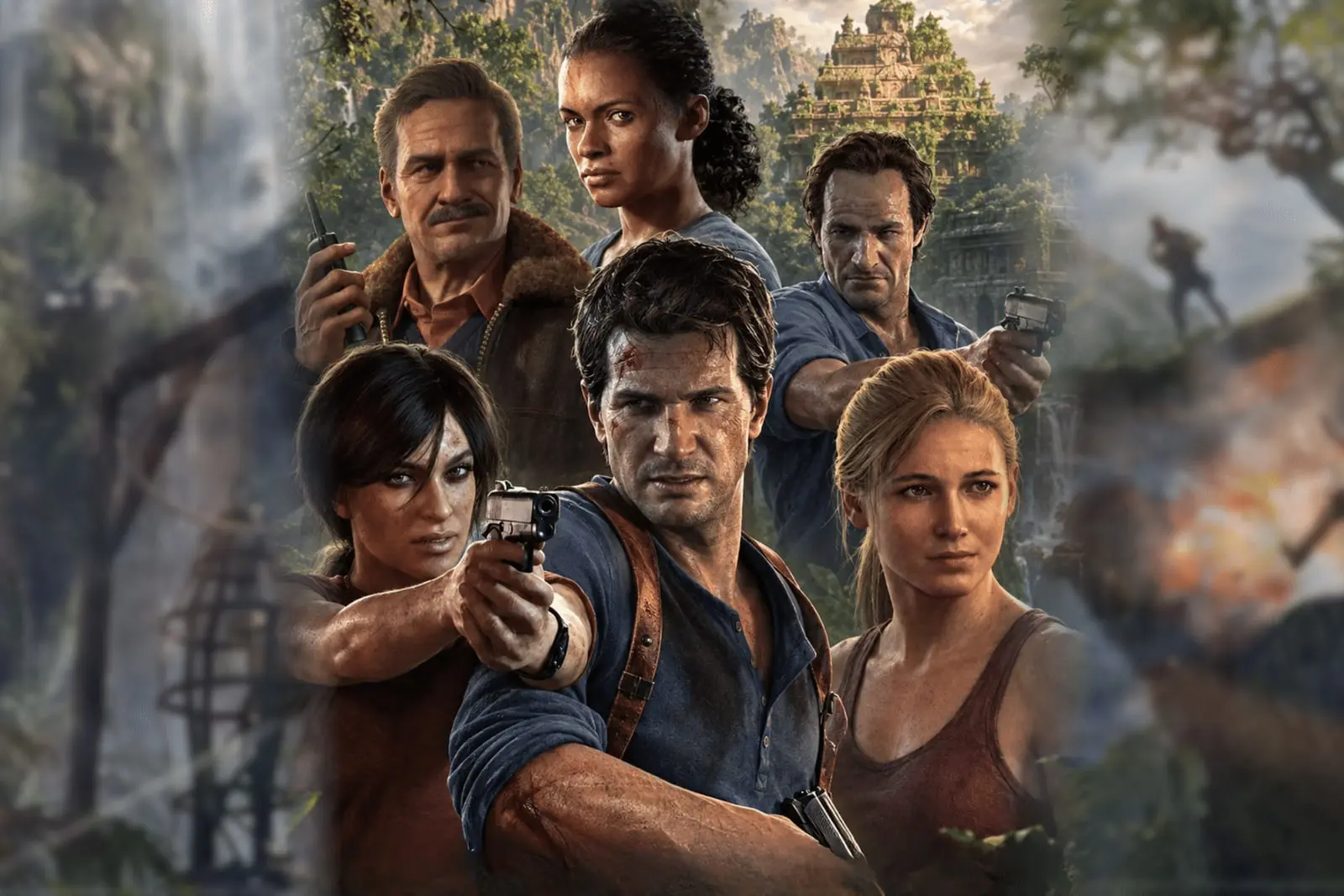 شخصیت‌های اصلی بازی آنچارتد (Uncharted) در مقابل یک معبد باستانی