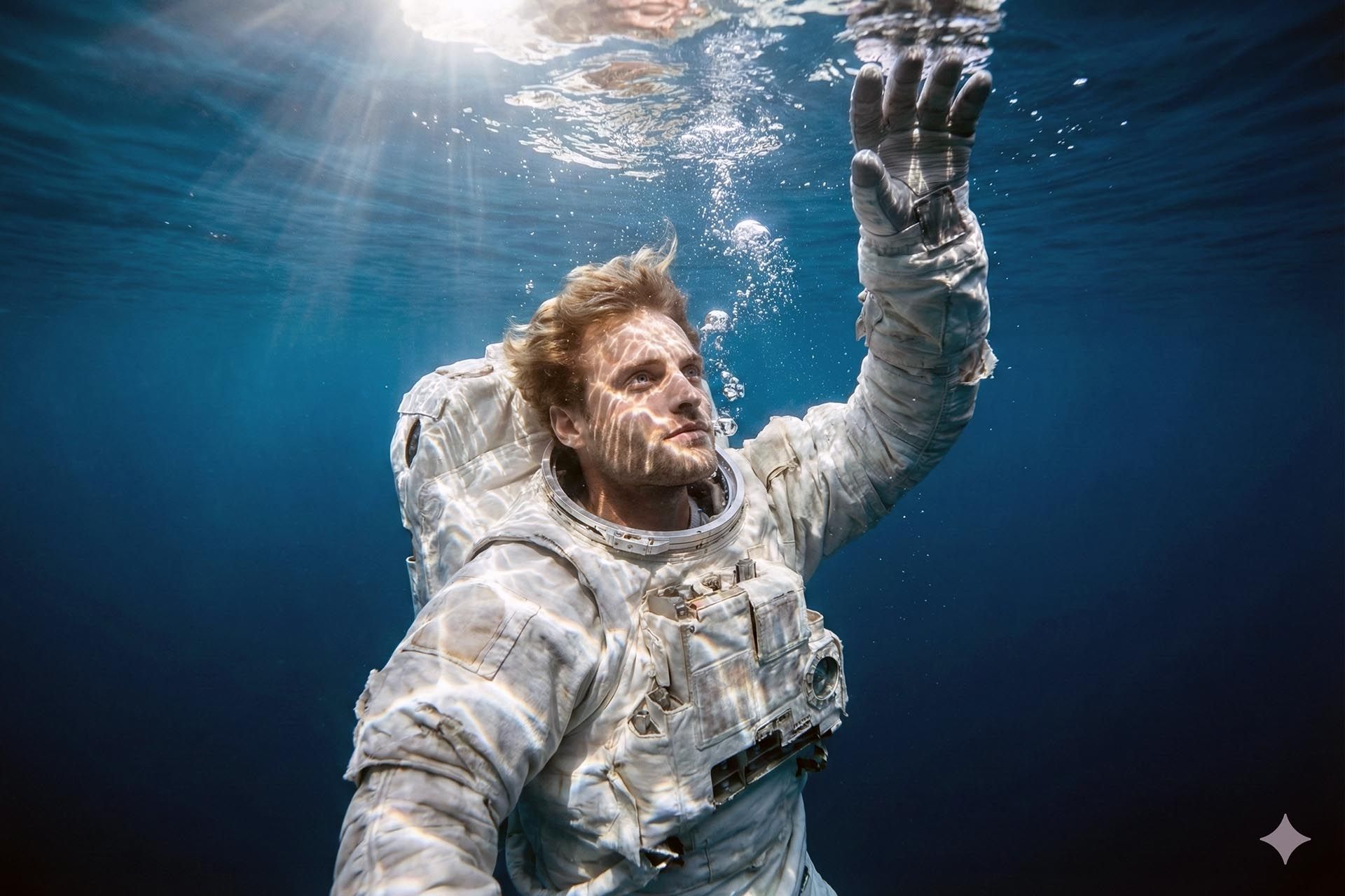 پرتره یک فضانورد زیر آب درحالی که دستش را به سمت سطح دراز کرده - هوش مصنوعی