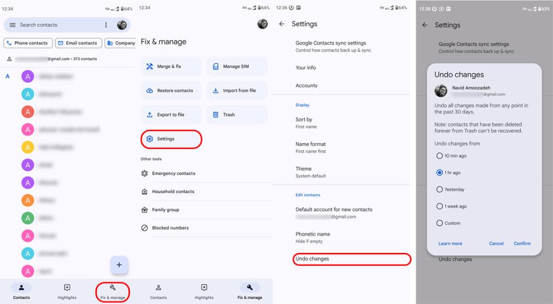Undo Changes برای بازیابی مخاطب حذف شده در اندروید