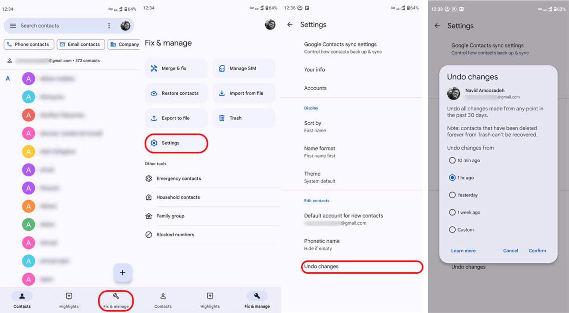 Undo Changes برای بازیابی مخاطب حذف شده در اندروید